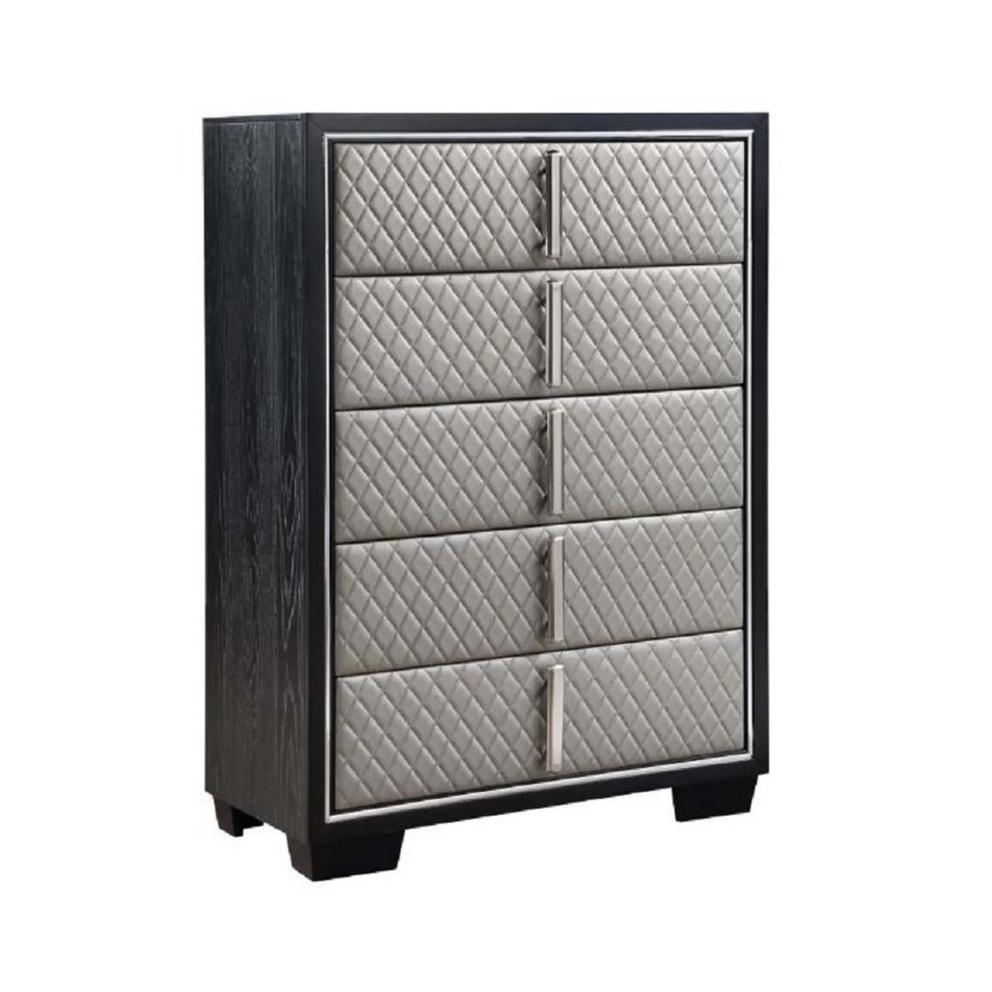 Benjara 54 x 18 x 38 in. Fiz 5 Drawers Tall Dresser Chest with Quilted Silver Faux Leather, Black