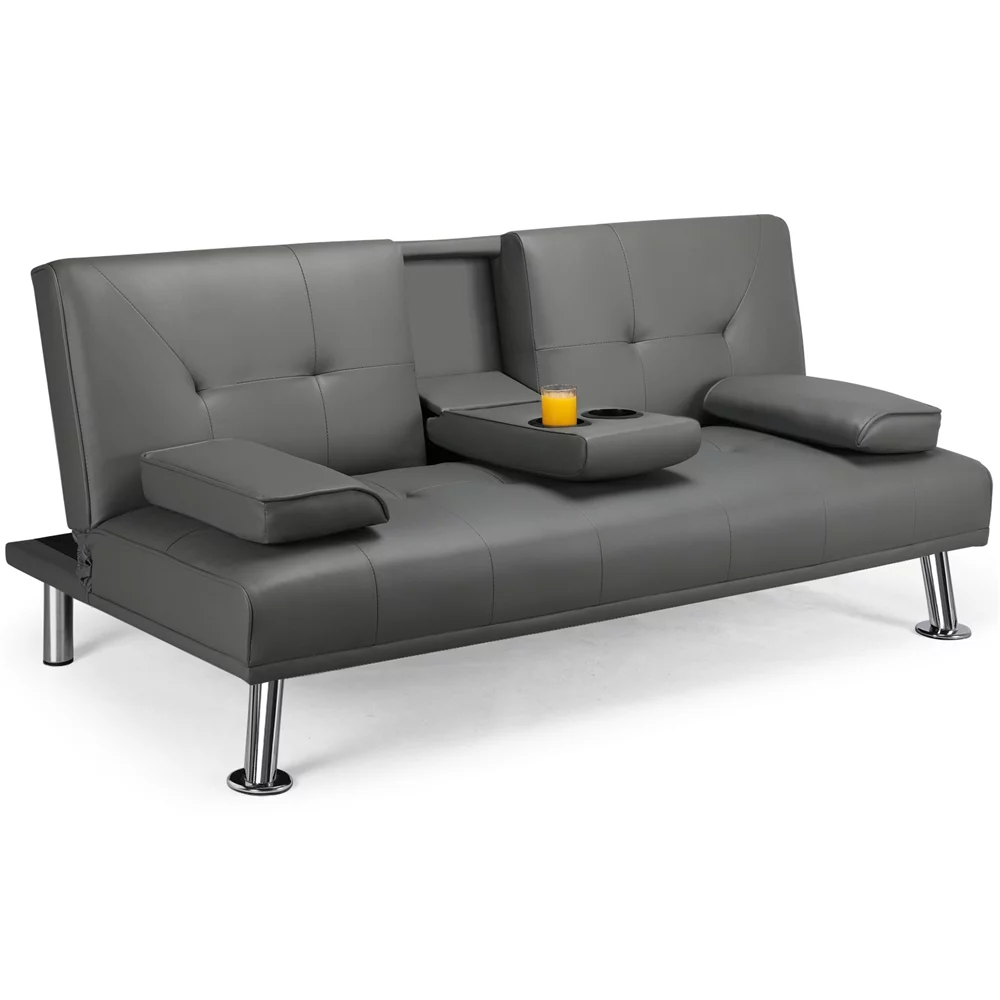 Topeakmart Modern Faux Leather Futon Sofa Bed Home Recliner Couch Home Furniture with Armrest Gray