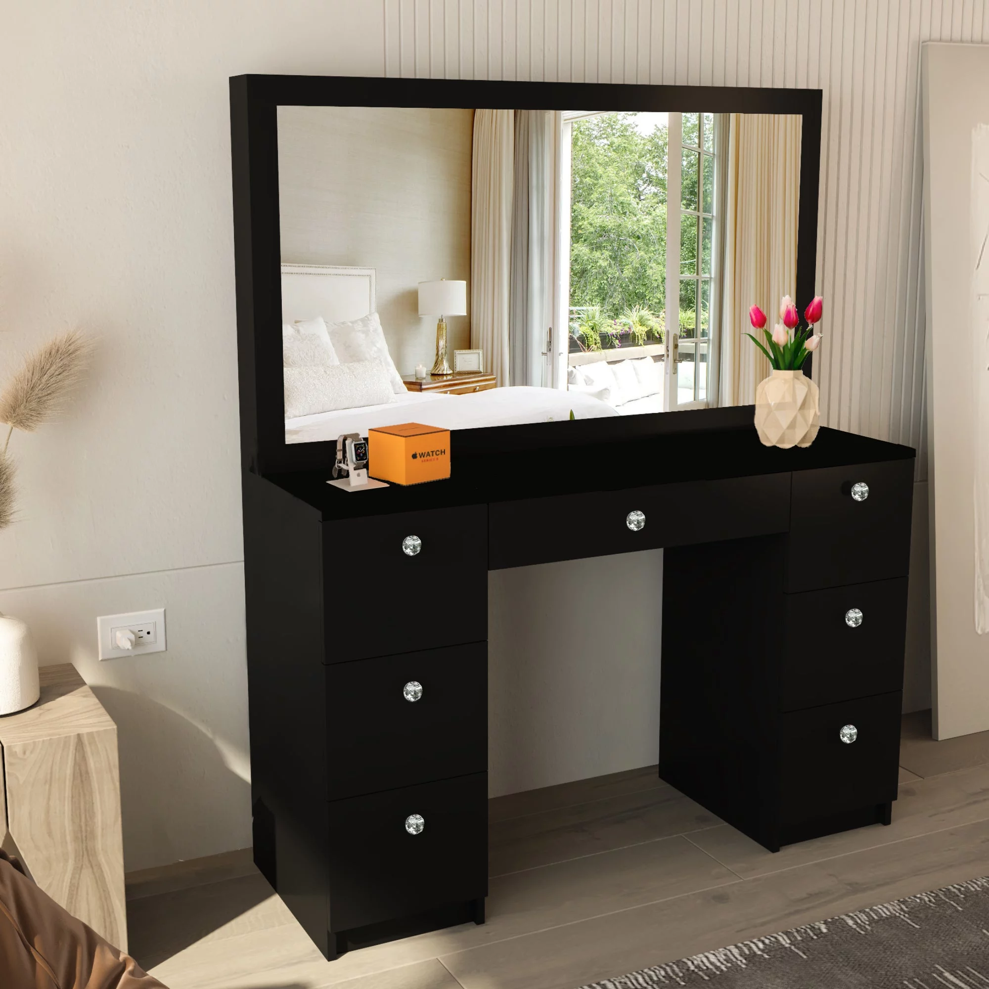 Boahaus Artemisia Modern Black Painted Makeup Vanity Table with Crystal Knobs, for Bedroom