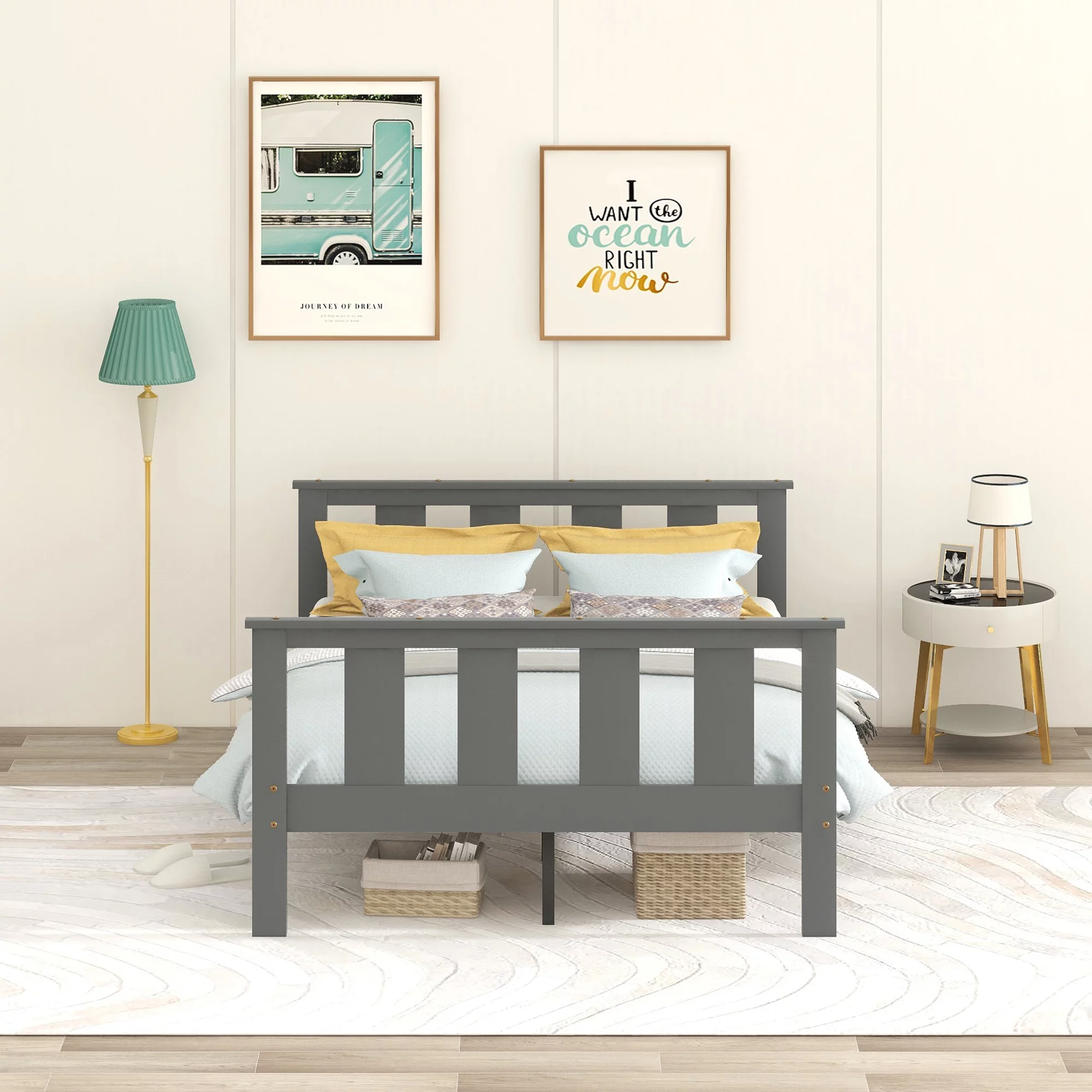 Wood Platform Bed Full Size Bed Frame with Headboard and Footboard, Grey