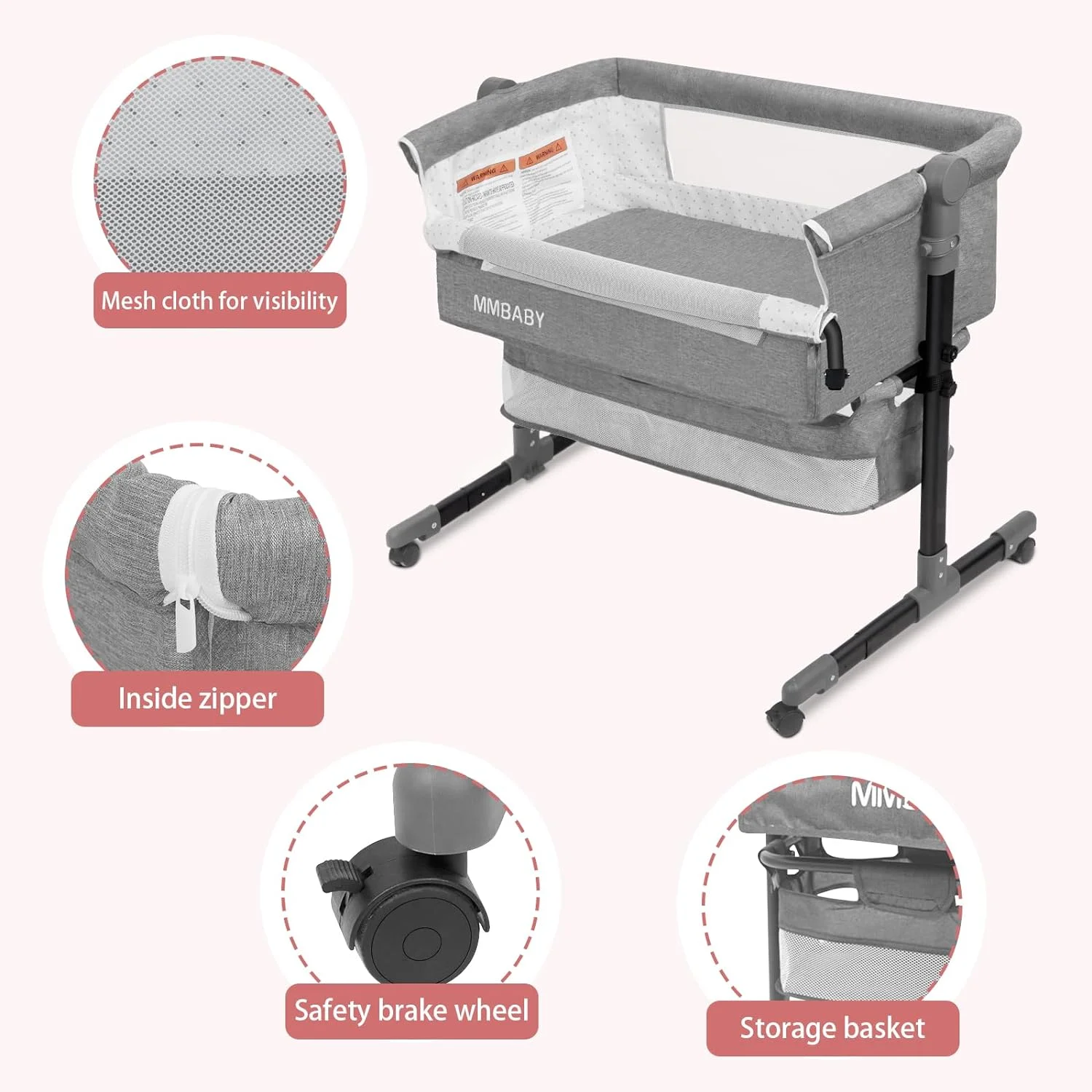 Baby Bassinet Bedside Sleeper Bedside Crib Easy Folding Portable Crib 3 in 1 Travel Baby Bed with Adjustable Height,Breathable Net,Large Storage Bag and Mattress (Light Grey)