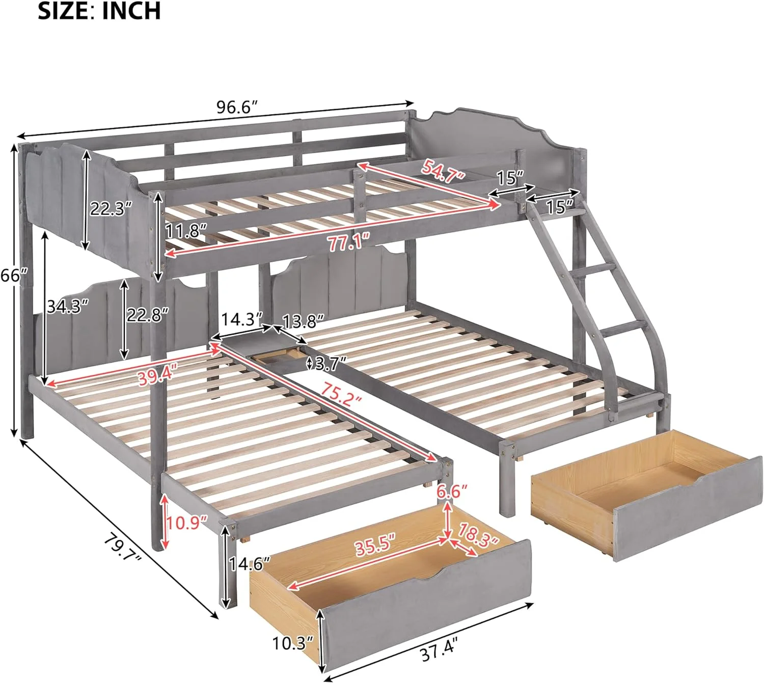 Triple Buk Beds With Storage Drawers, Full Over & Buk Bed For 3, Velvet Triple Bed With Guardrails Ad Built-I Agle Ladder For Boys Ad Girls, Gray