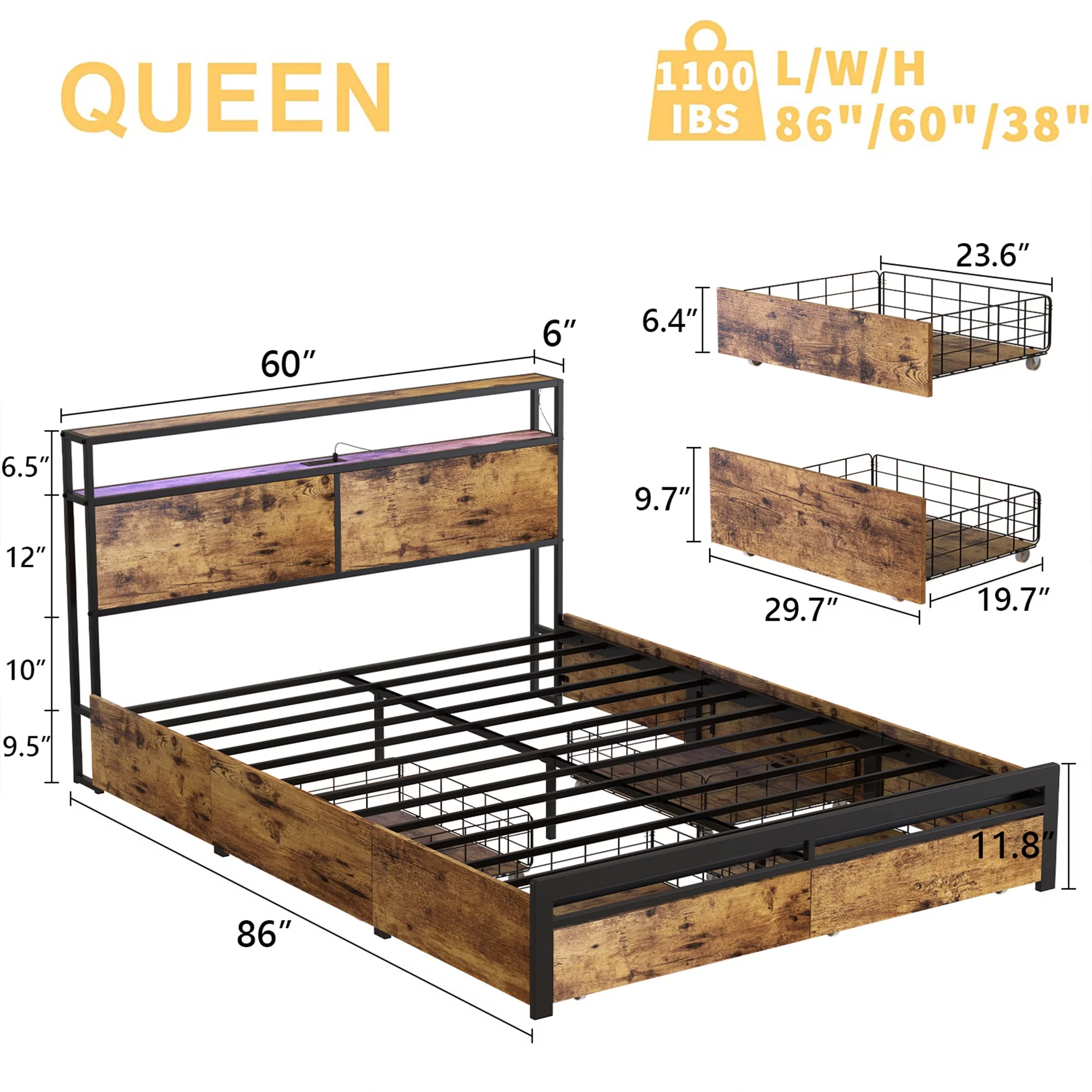 HAUSOURCE Queen Platform Bed Frame w/ Headboard, Drawers & Outlets, Brown
