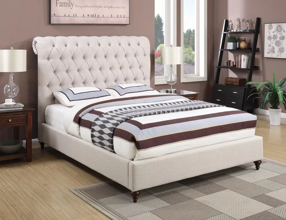 Rolled Headboard California King Bed in Beige Fabric