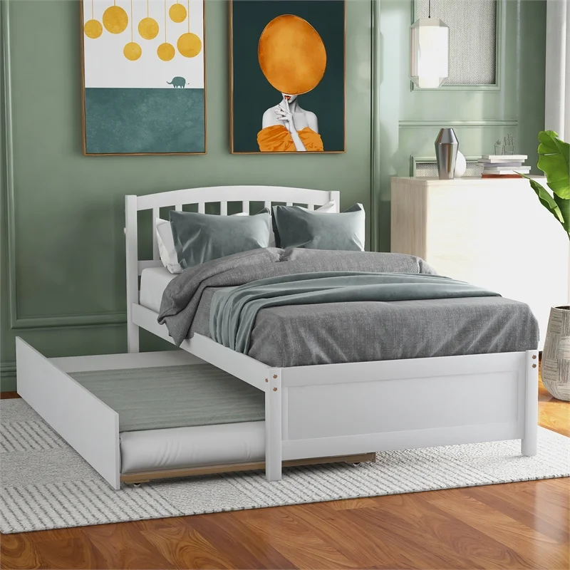 CRO Decor Twin size Platform Bed Wood Bed Frame with Trundle (White)