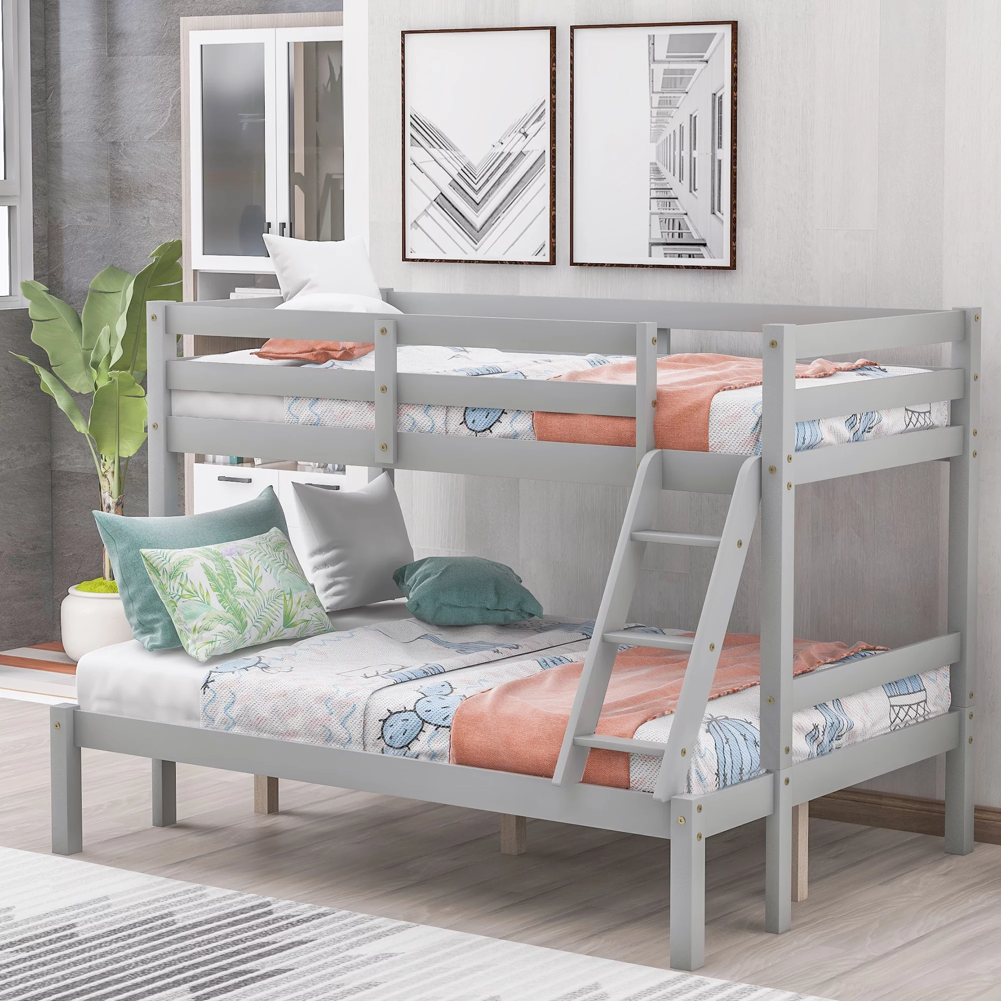 Churanty Twin Over Full Bunk Bed, Solid Wood Bunk Loft Bed Frame, Gray