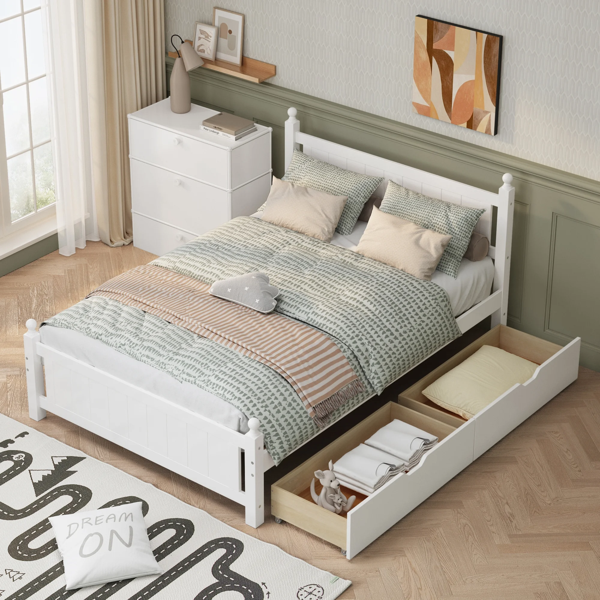 Full Size Solid Wood Platform Bed Frame with 2 Drawers - Ideal for Limited Space, Kids, Teens, Adults, White
