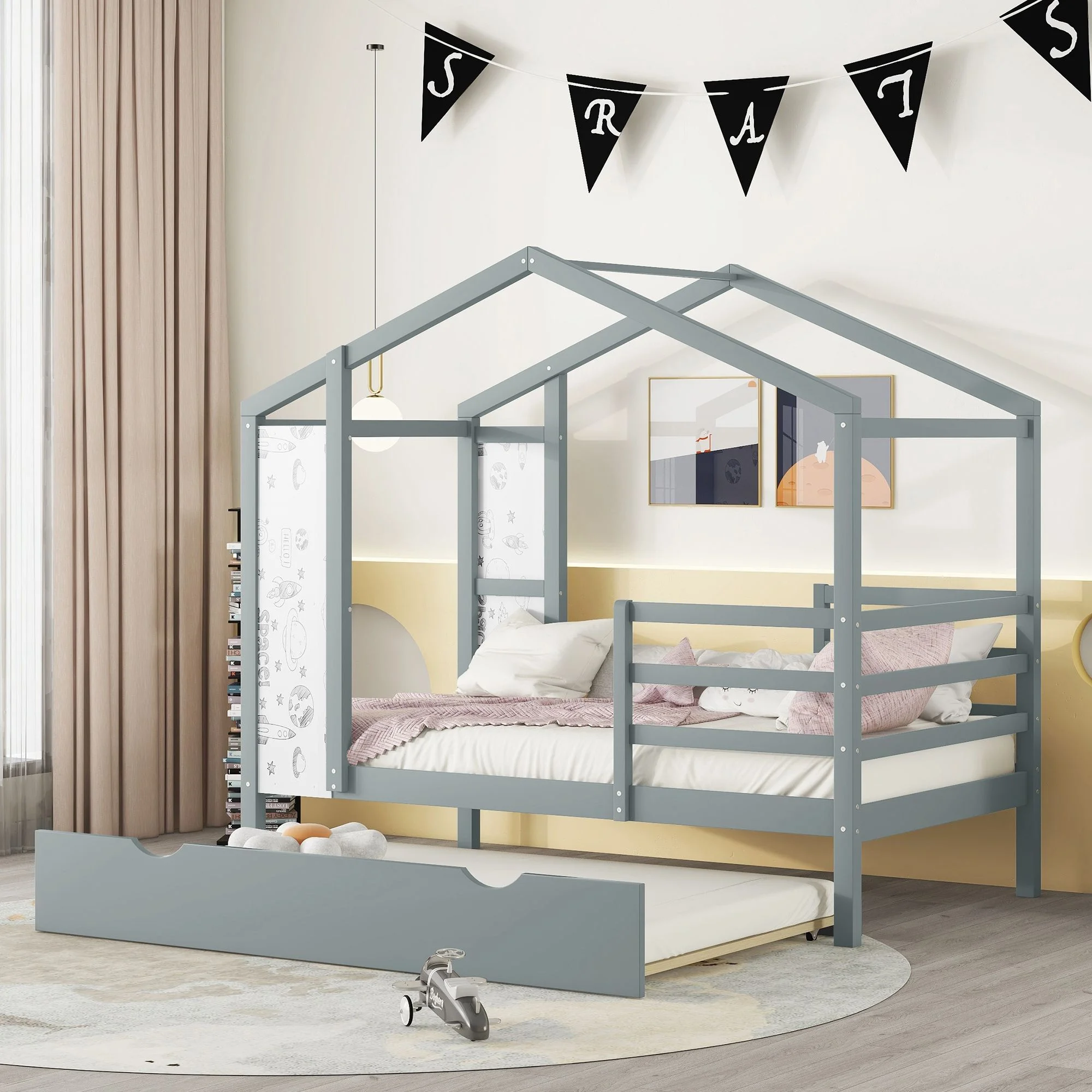 Solid Wood Bed Frame with Fence and Writing Board, Platform Bed Frame, Mid Century Bedframe, Wood House Bed, Wood Foundation(Gray, Twin)