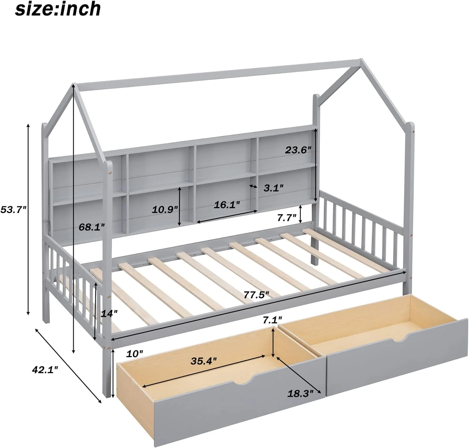 House Bed With Storage Drawers & Shelves, Montessori Bed Platform Bed Frame With Roof, Tent Bed, Solid Wood Playhouse Bed For Kids Teens Girls Boys ( Size, Gray)
