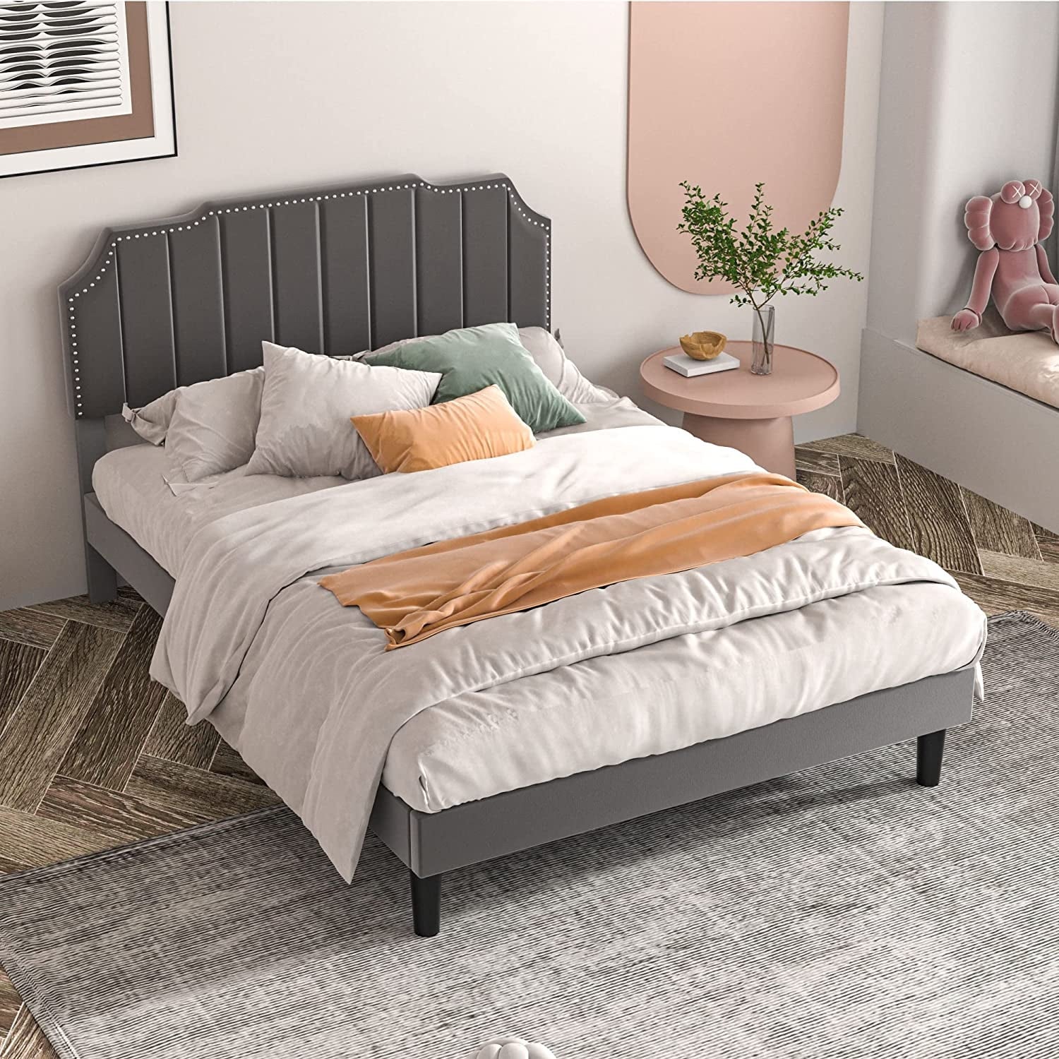 Javlergo Upholstered Platform Bed Frame with Nailhead Trimmed Adjustable Height Headboard Grey - Queen