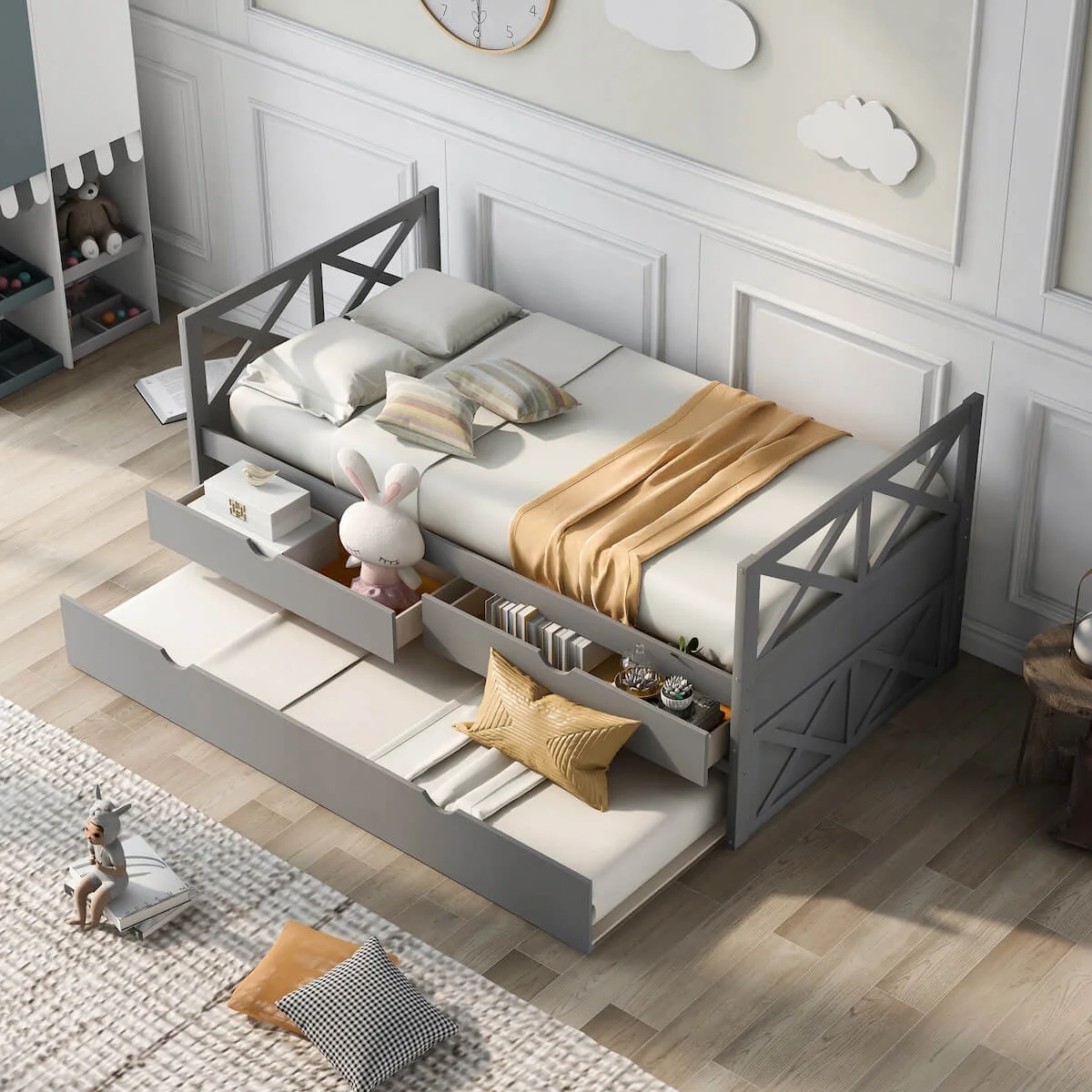 Kinmars Twin Daybed with Two Storage Drawers, Solid Wood Daybed for Kids Teens Boys and Girls,Multi-Functional Daybed with Drawers and Trundle, Gray