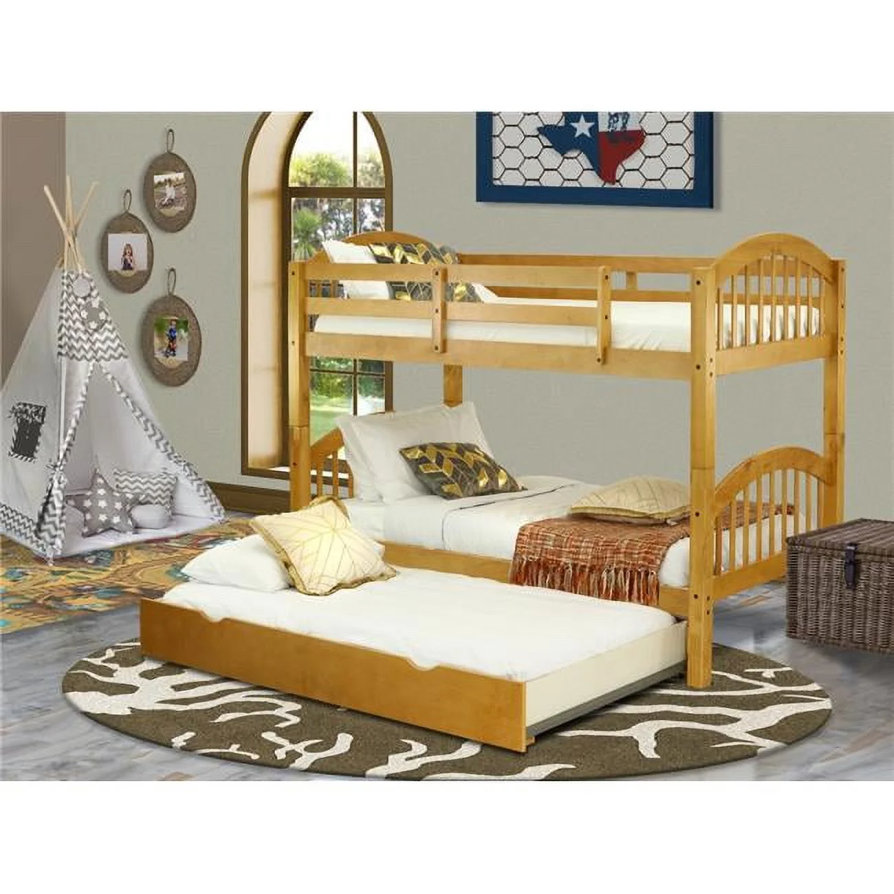 Verona Twin Size Bunk Bed with Convertible Trundle & Drawer - Natural Oak