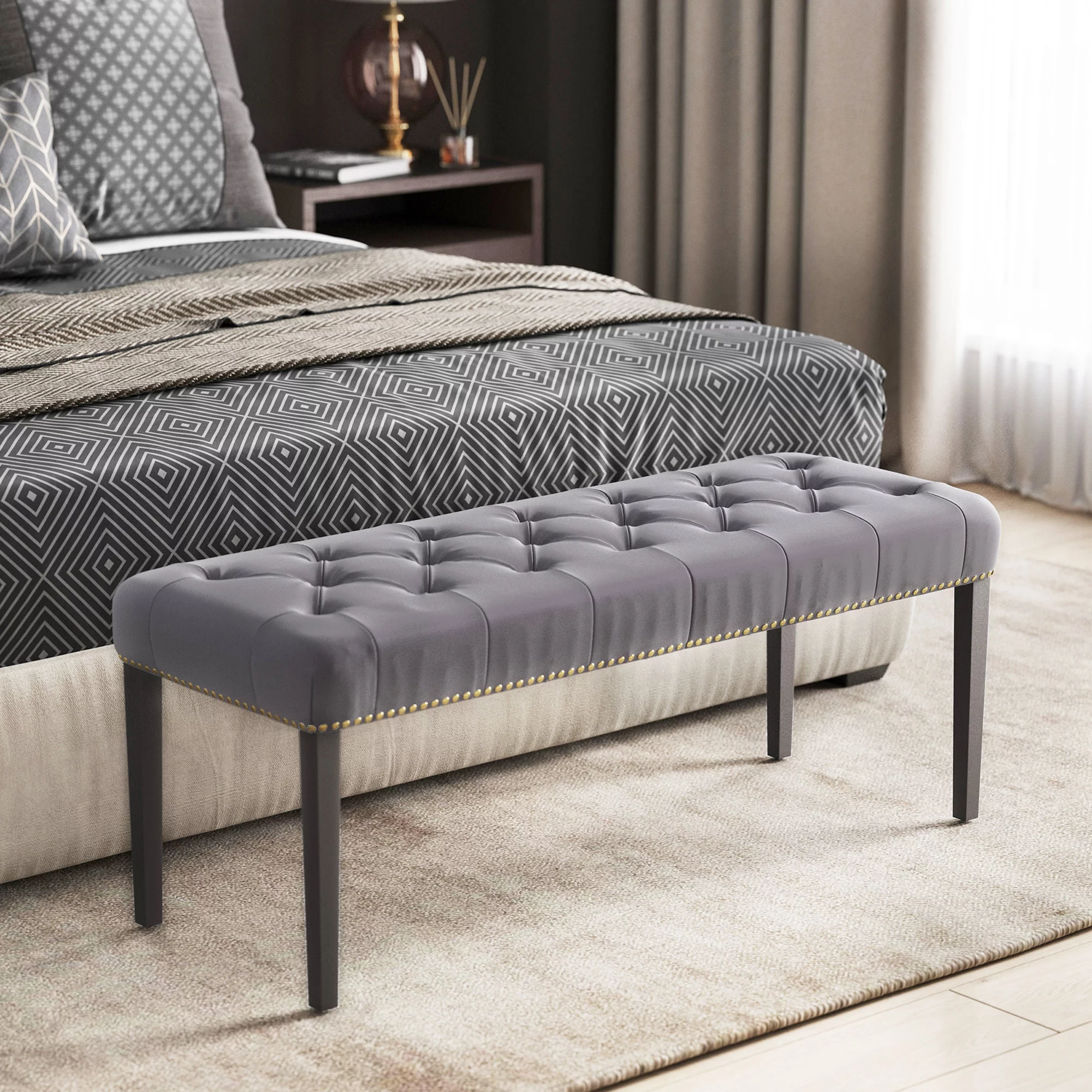 BELLEZE Modern Button-Tufted Ottoman Bench Footrest Upholstered Linen Fabric with Nail Head Trim Wood Legs Decor for Living Room, Entryway, or Bedroom - Milton (Grey)