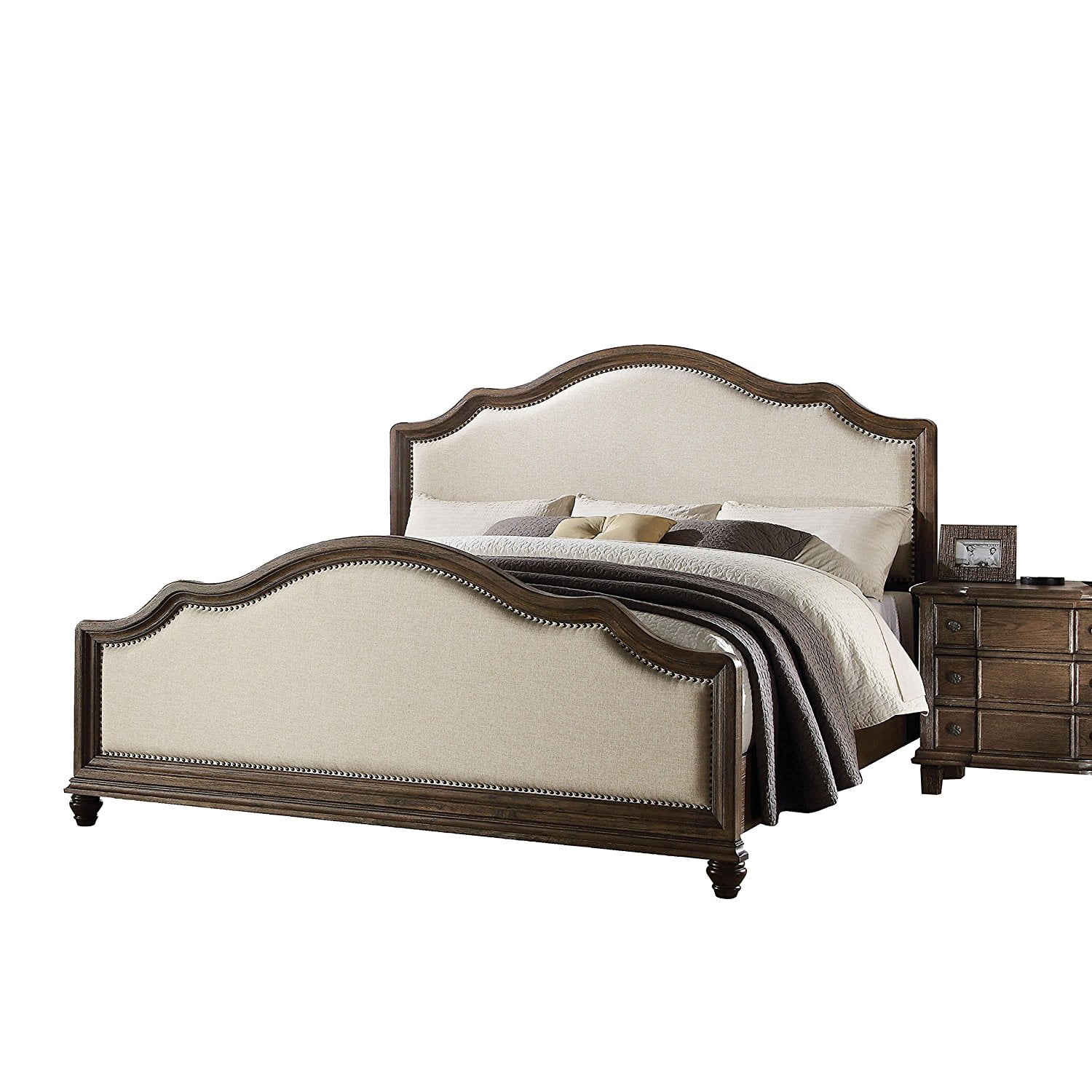 HomeRoots 285904 59 x 88 x 66 in. Baudouin Queen Size Bed Beige Linen & Weathered Oak