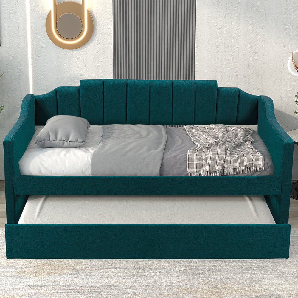 Fangsheng Fabric Upholstered Wooden Daybed with Trundle, Twin, Green