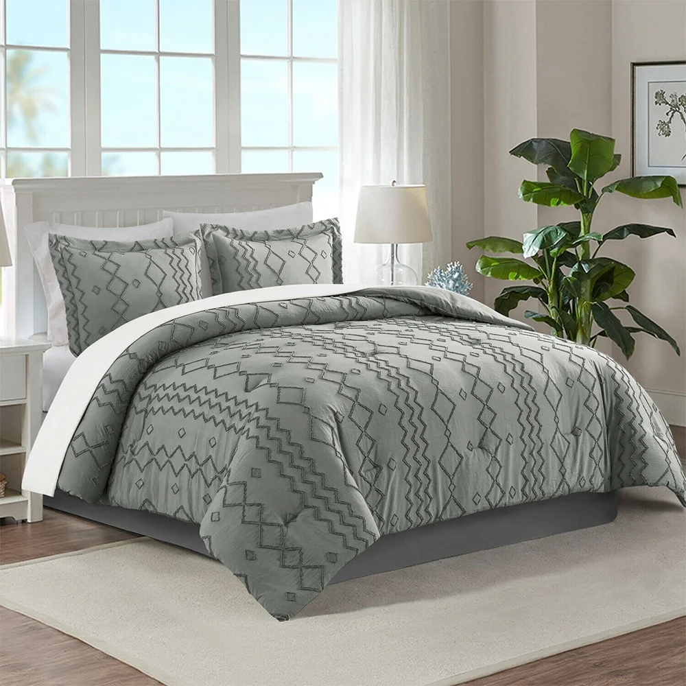 3PCS Tufted Comforter Boho Shabby Chic Geometry Twin Dark Grey