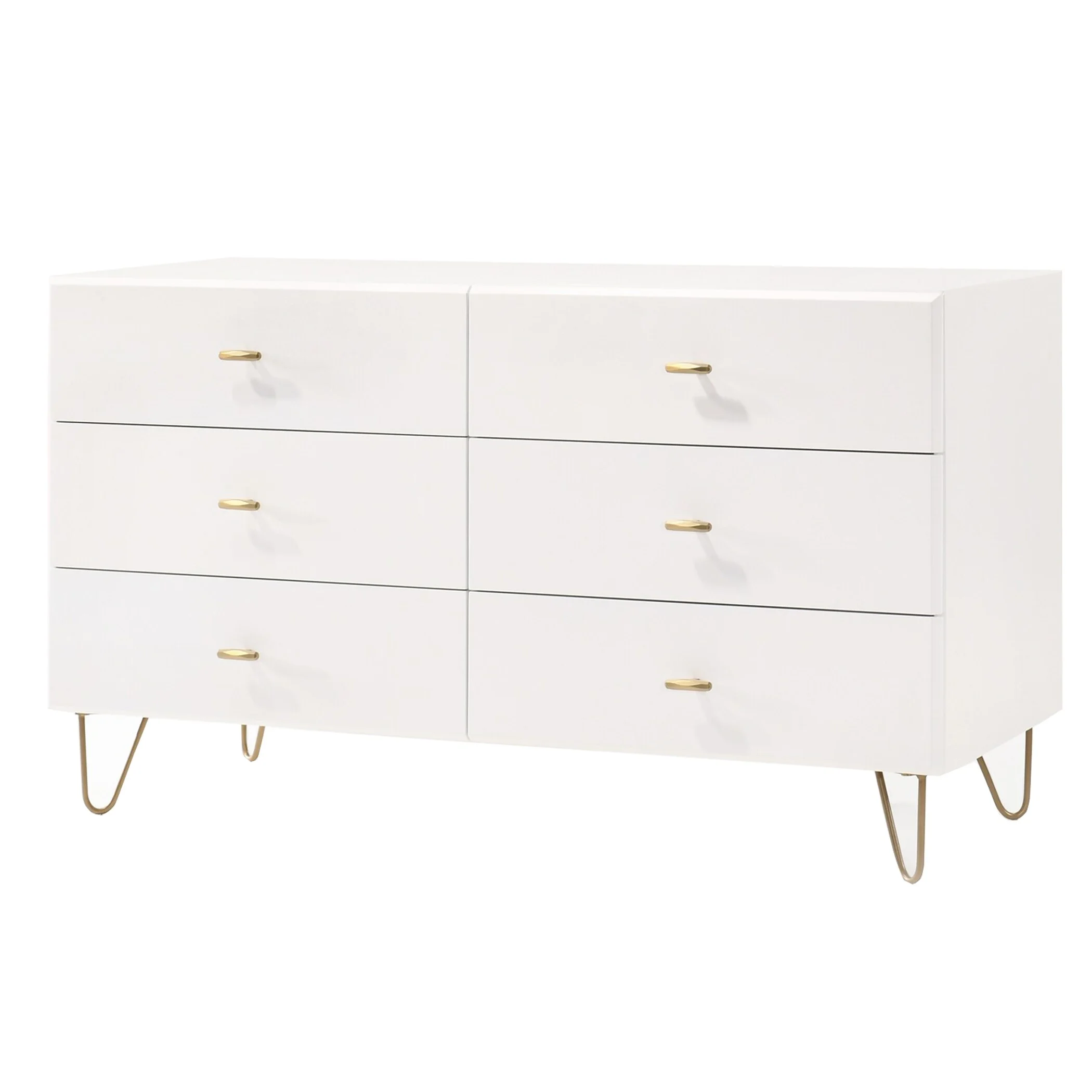 6 Drawer Wooden Dresser with Metal Hairpin Legs, White and Gold