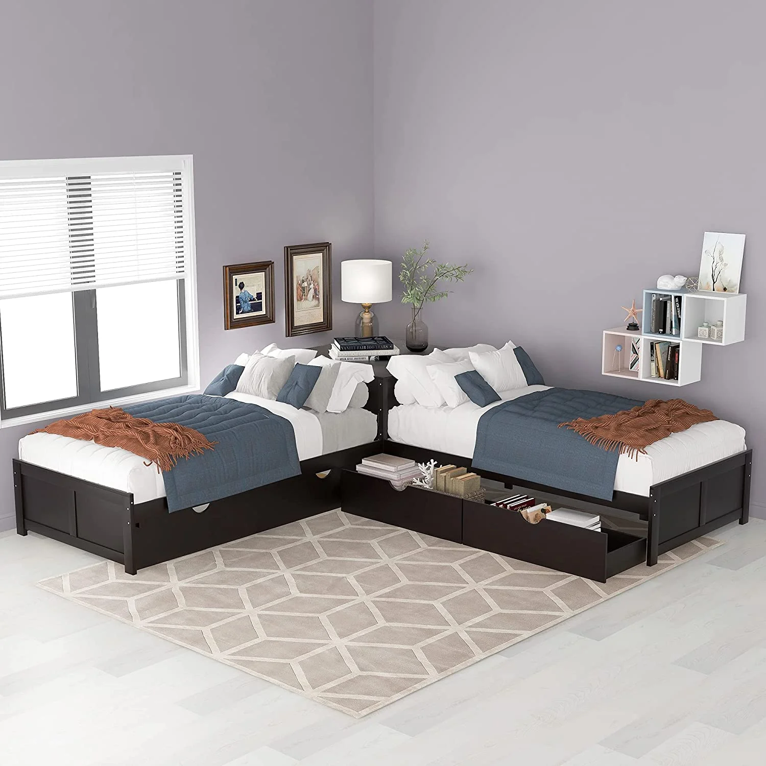 Storage Daybed With Trundle, Size L-Shaped Platform Bed With Convertible Trundle, Two Drawers Linked With Built-In Square Table For Living Room, Bedroom, Guest Room (Espresso)