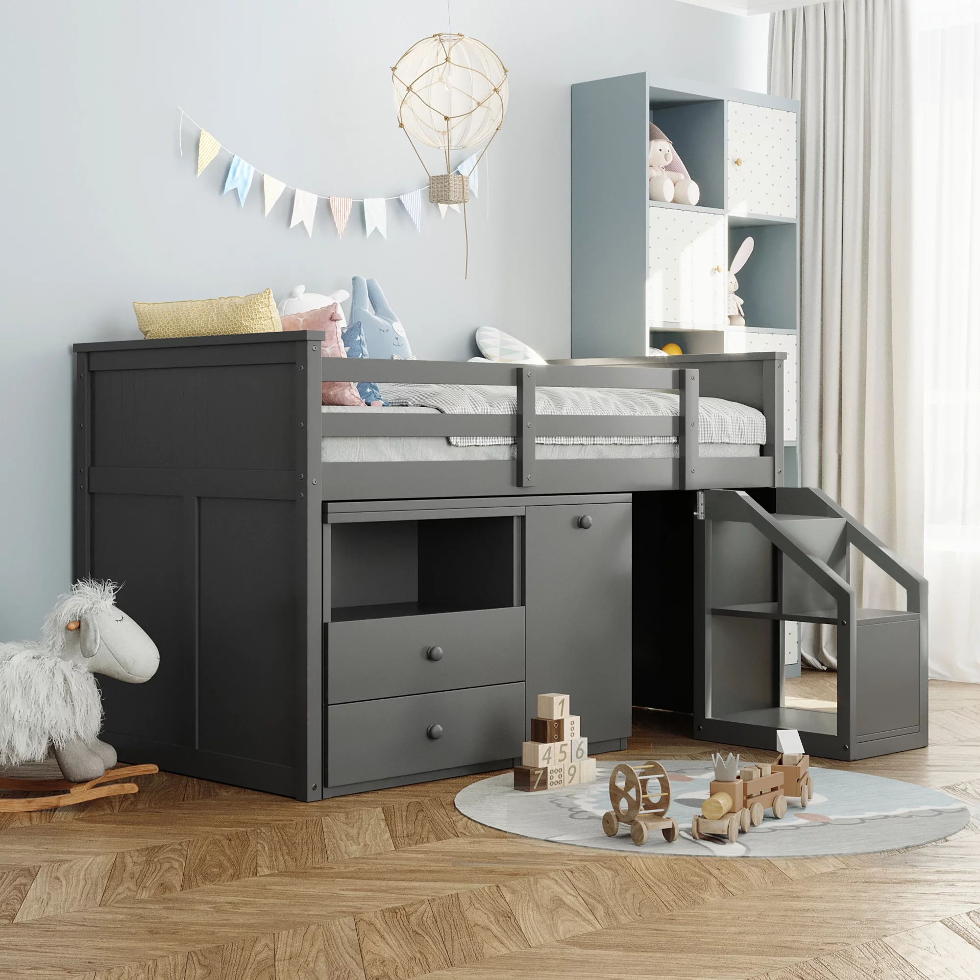 Dcenta Loft Bed Low Study Twin Size Loft Bed With Storage and Portable,Desk,Gray,verall Product Dimension:79.1” x 43.7” x44.5”(L x W x H)