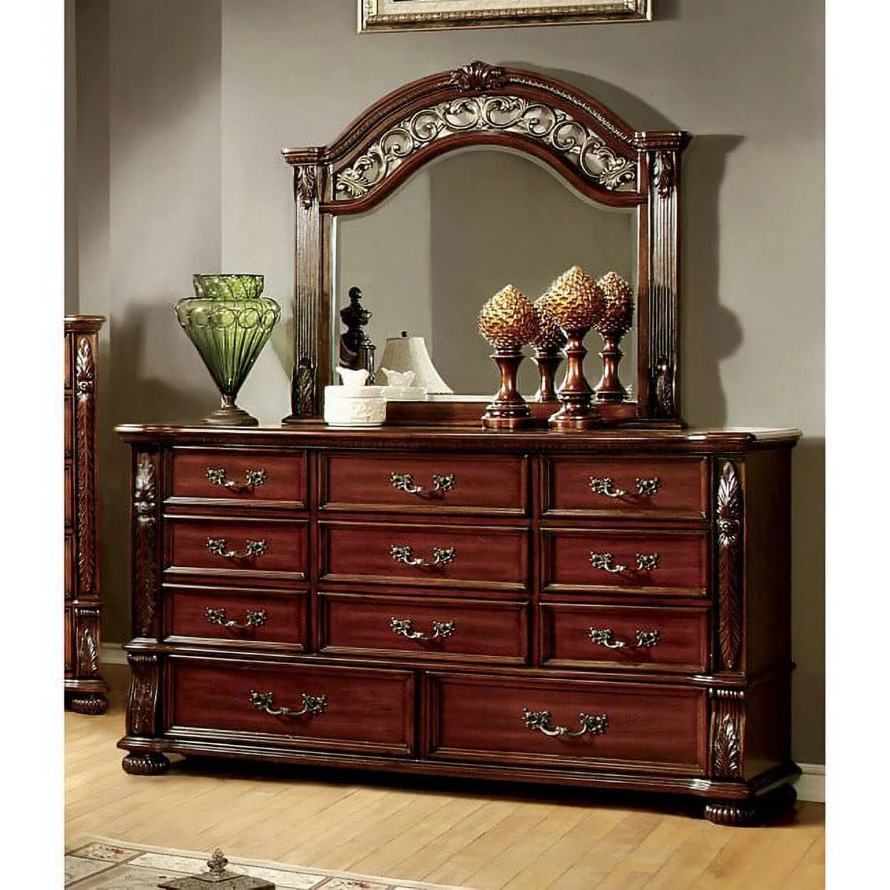 Furniture of America Ulis Traditional Cherry 2-piece 11-Drawer Dresser and Mirror Set by