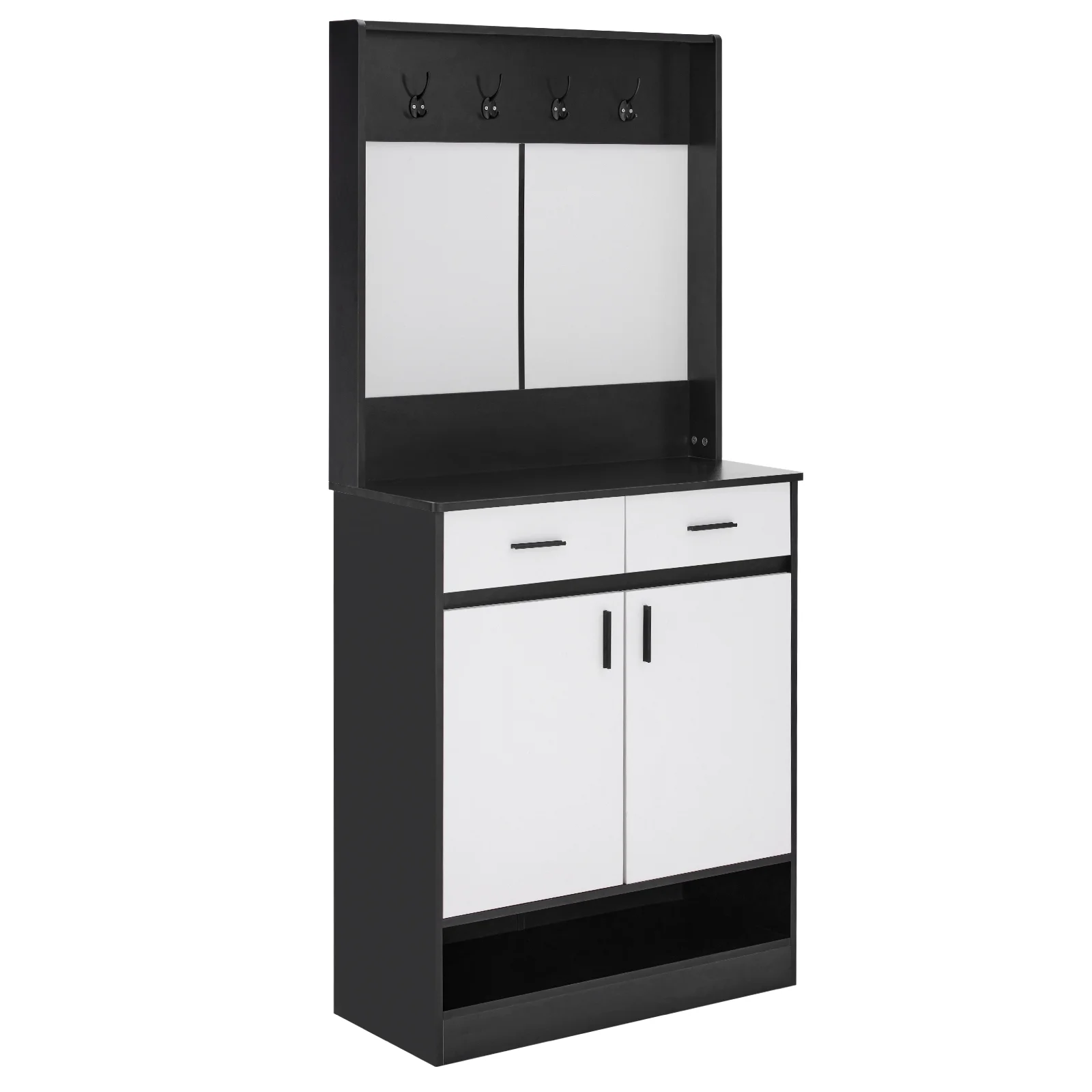 Hall Tree With Shoe Storage Cabinet, Double Door Coat Rack Clothes Shelves, Wardrobe Armoire Closet With 4 Hooks And 2 Drawer For Entryway Hallway, Black & White
