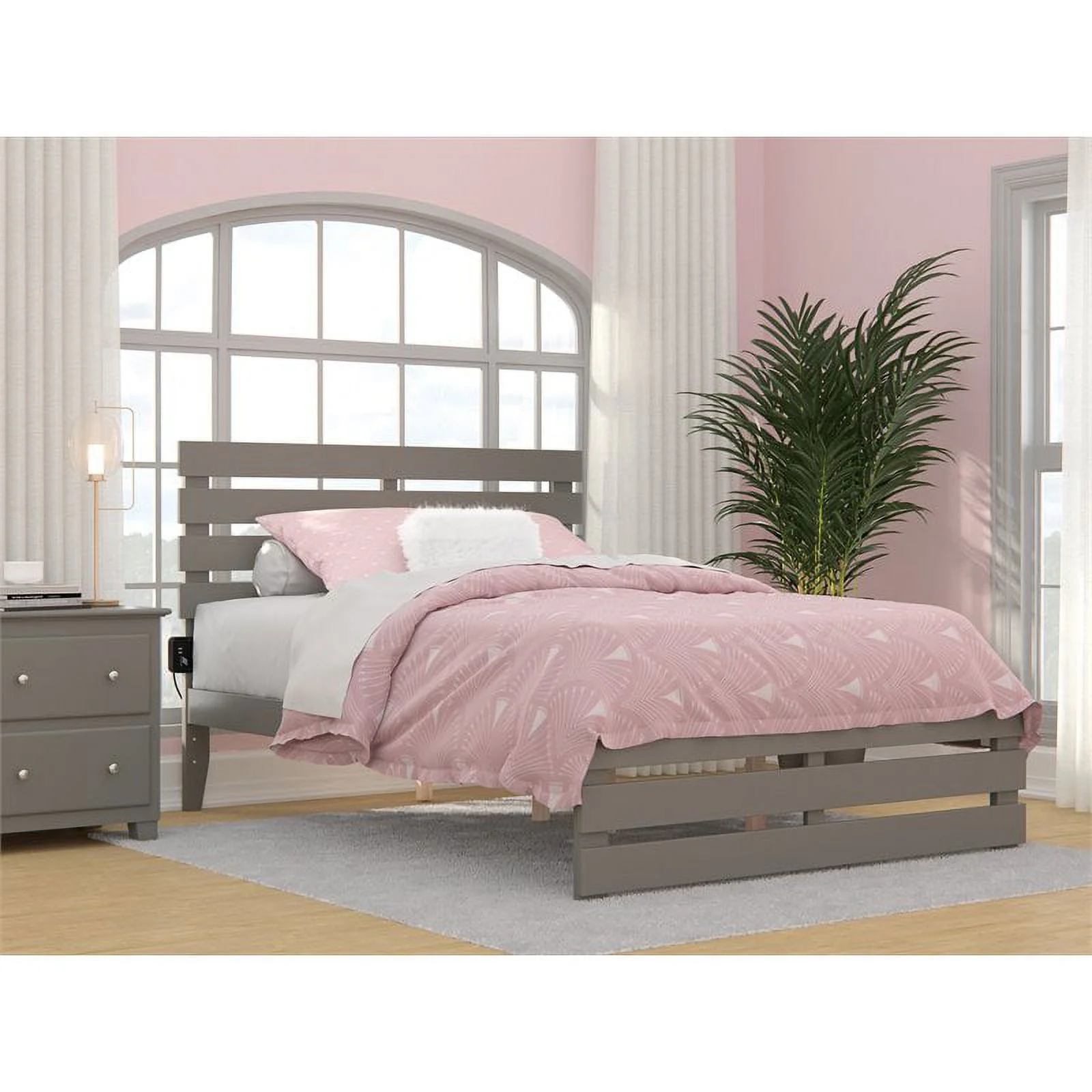 Bowery Hill Farmhouse Solid Wood Full Bed w/ Footboard with USB Charger in Gray