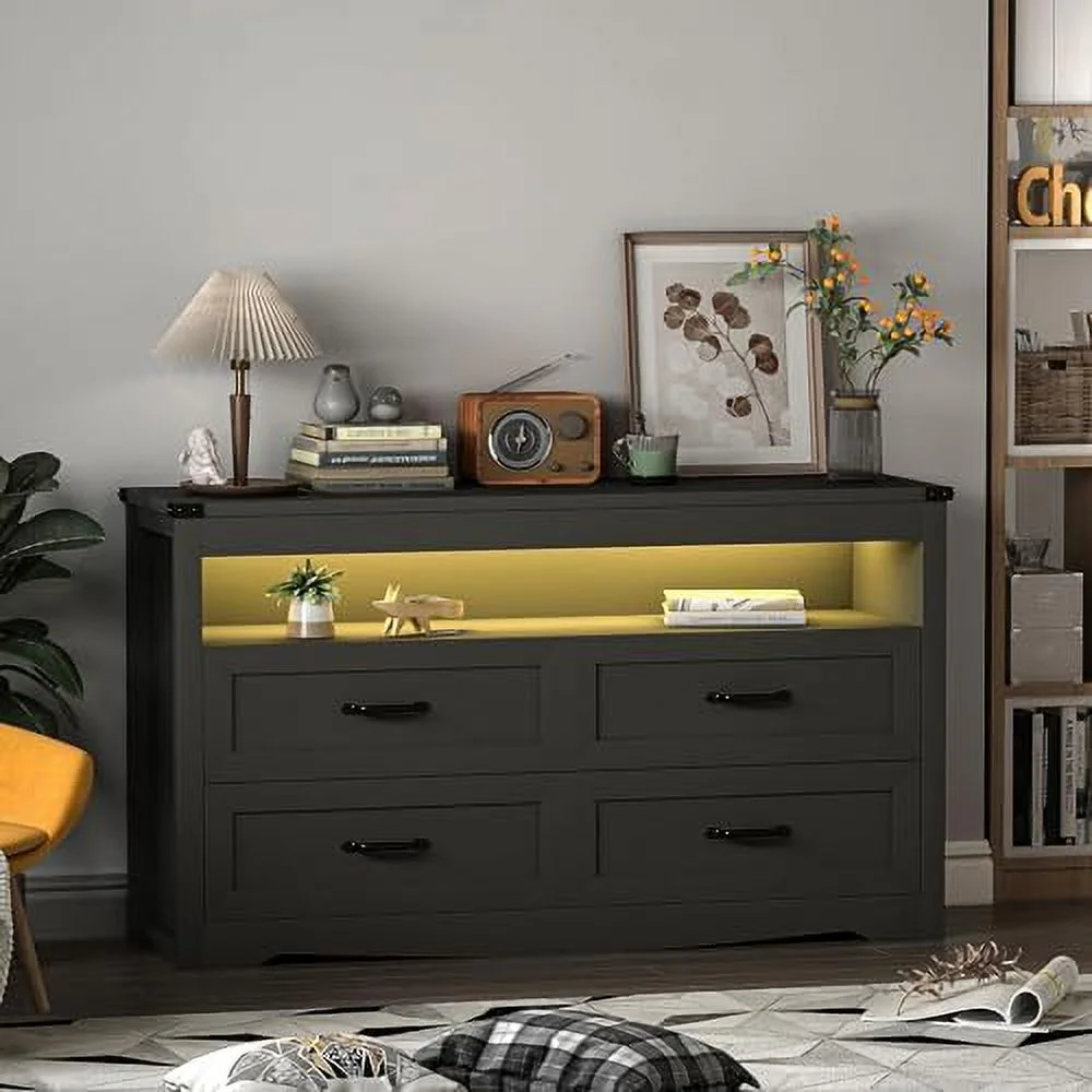 NLIBOOMLife Black Dresser for Bedroom with 6 Drawers Modern Chest of Drawers Wood Dressers Bedroom Wide Drawers Dressers Organizer for Closet Living Room Hallway