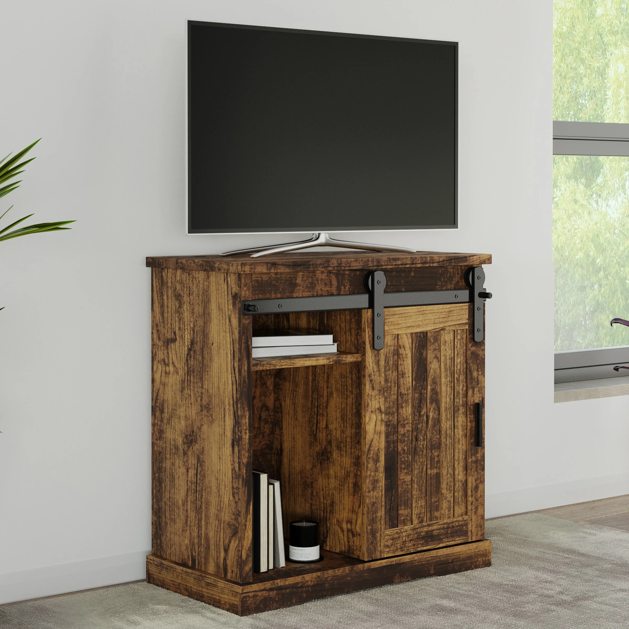 Lavish Home Farmhouse Sliding Door Cabinet Console, Brown Barnwood