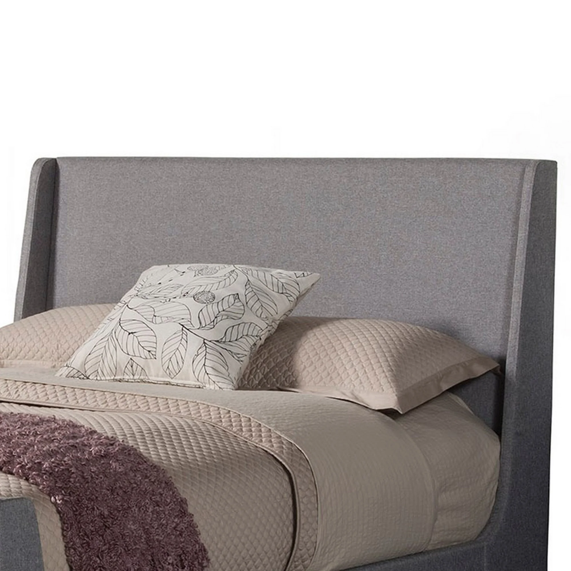 Benjara Eva King Size Bed, Poplar Wood, Gray Linen Upholstery, Shelter Headboard