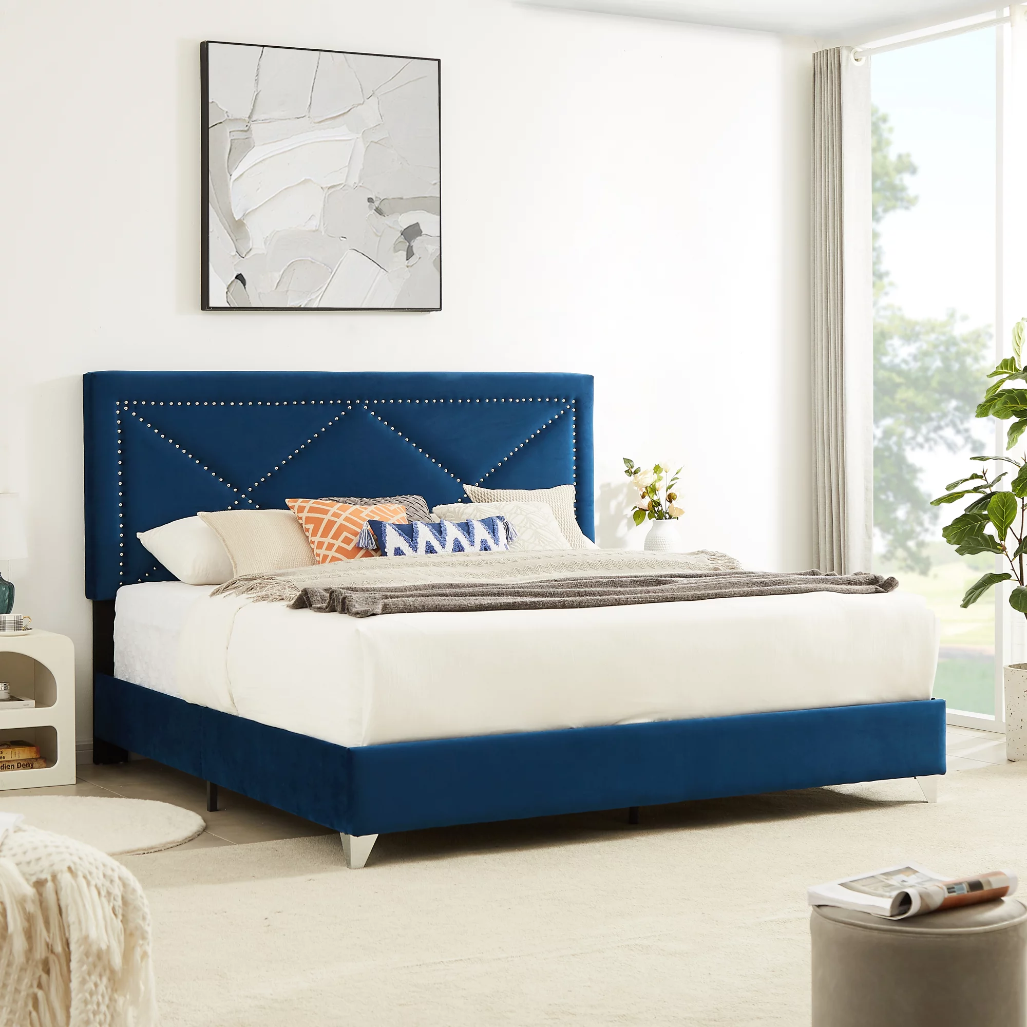B109 King Bed with Beautiful Brass Studs and Strong Wooden Slats