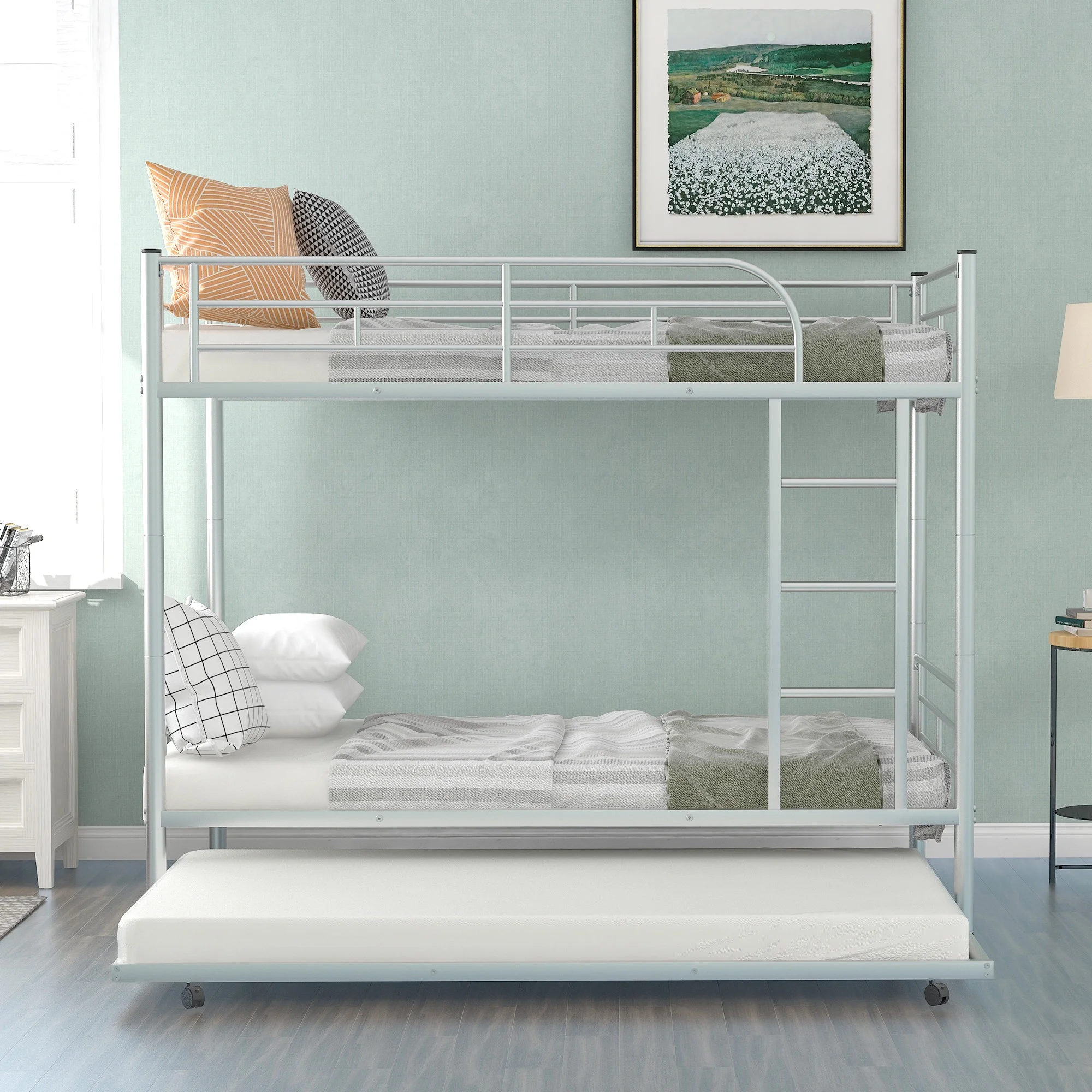 Dcenta Twin-Over-Twin Metal Bunk Bed With Trundle,Can be Divided into two beds,No Box Spring needed ,White