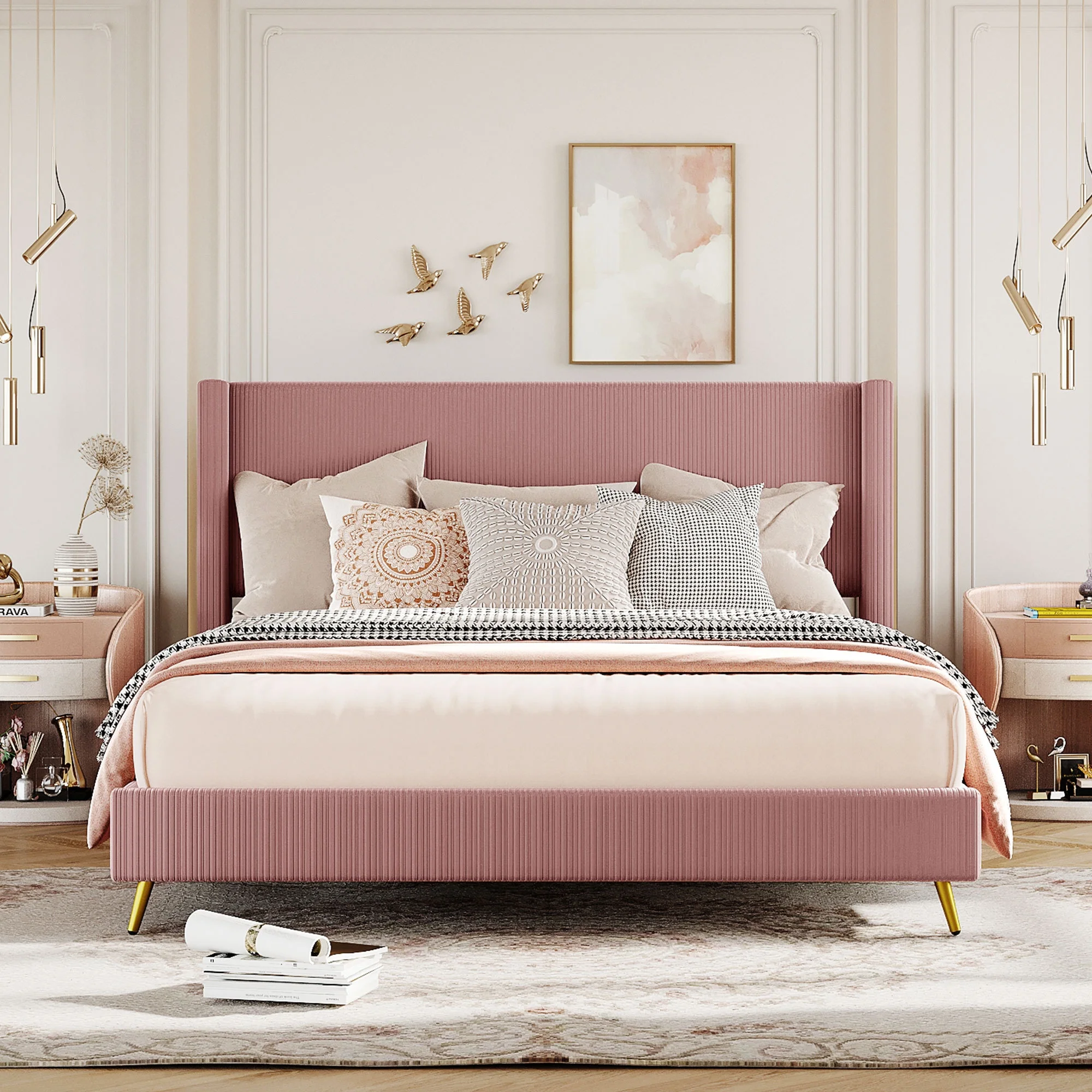 Contemporary Pink Corduroy Platform Bed, Queen Size
