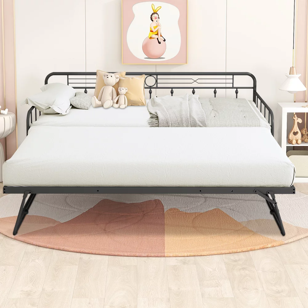 paproos Metal Daybed with Trundle, Twin Size Multifunctional Metal Daybed with Headboard Style, Twin Steel Trundle Bed for Bedroom Guest Room, Black