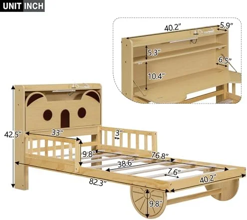 RUNFAYBIU Twin Size Car Bed with Bear-Shaped Headboard  USB and LED  Wood Bed Frame with Safety Guardrails Bed with  Shelves  Car Shaped Bed with Wheels for  Boys Girls  No Box Spring Nee