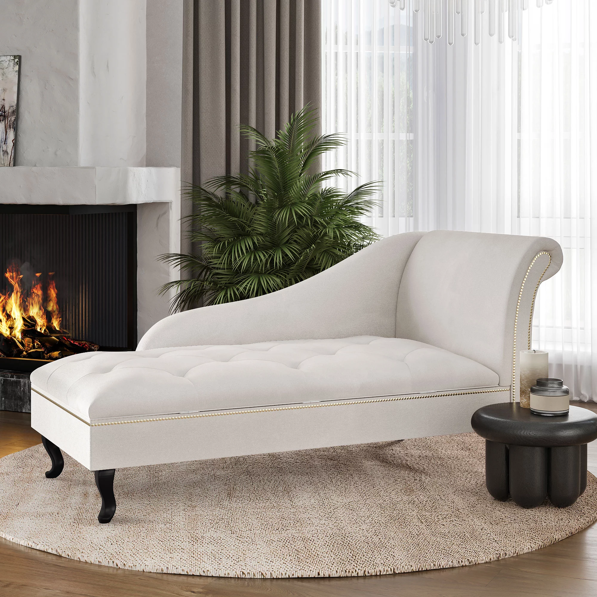 Belleze Nailhead Trim Velveteen Storage Chaise Lounge Chair Tufted Couch for Bedroom Living Room Fold Open Lid, Beige