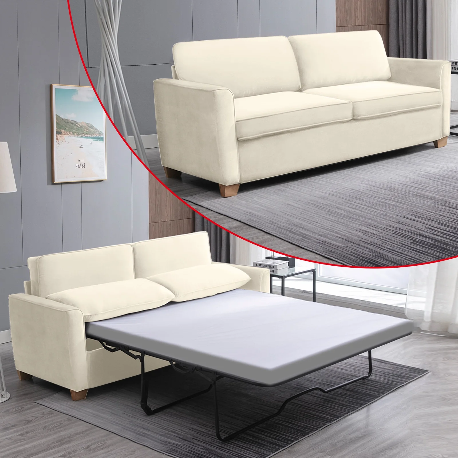 ijuicy 2-in-1 Pull Out Sofa Bed Queen Size, Velvet Loveseat Sleeper Sofa with Folding Mattress, Pull Out Couch Bed for Small Spaces, Sleeper Sofa for Living Room/Apartment/Office- Beige