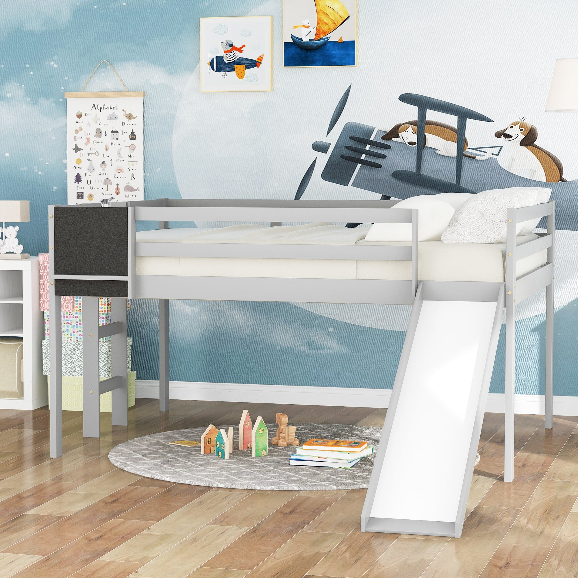 Nestfair Full Size Wooden Loft Bed with Slide and Chalkboard Grey