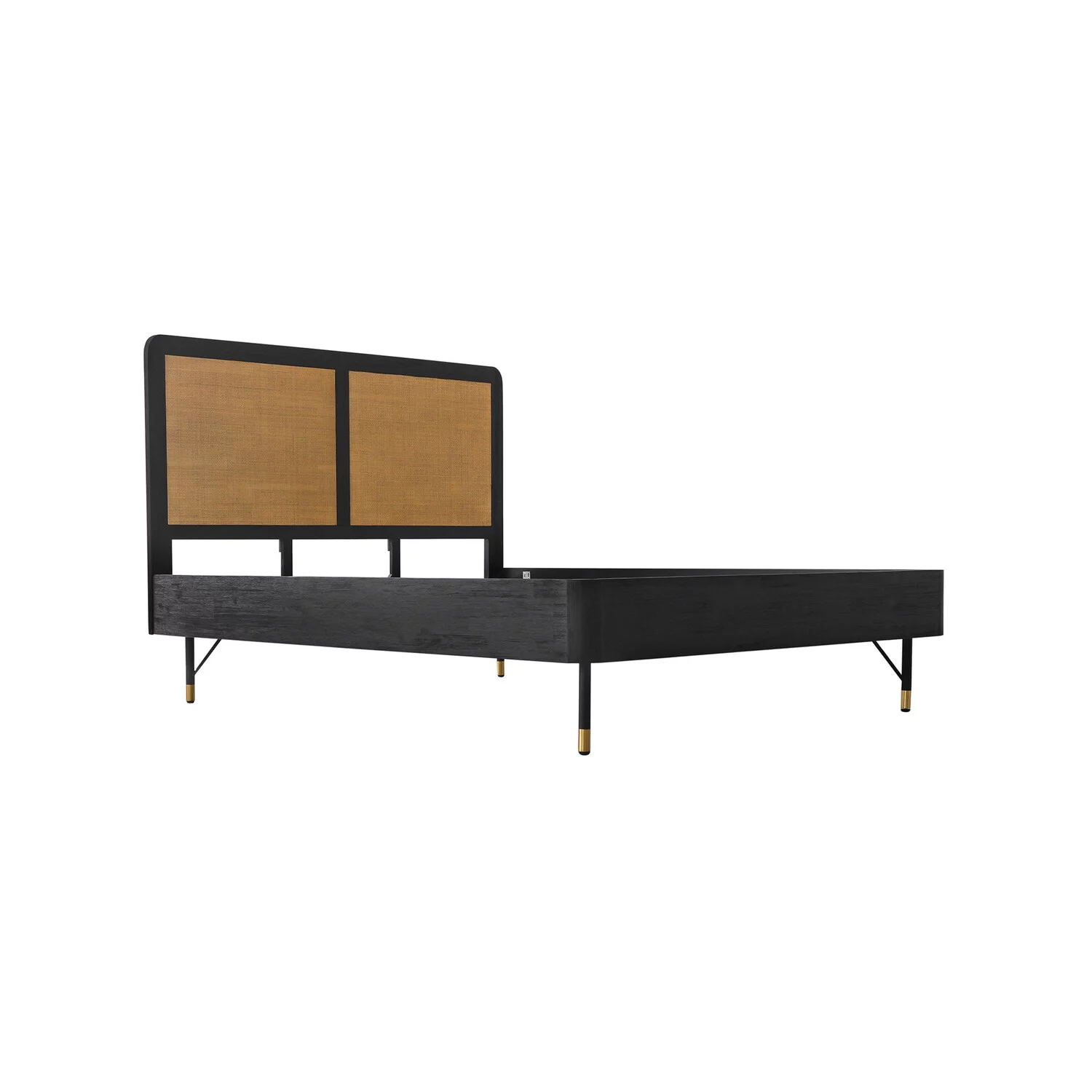 Benjara Theo Acacia Wood Platform Queen Bed with Rattan Headboard, Footboard, Black