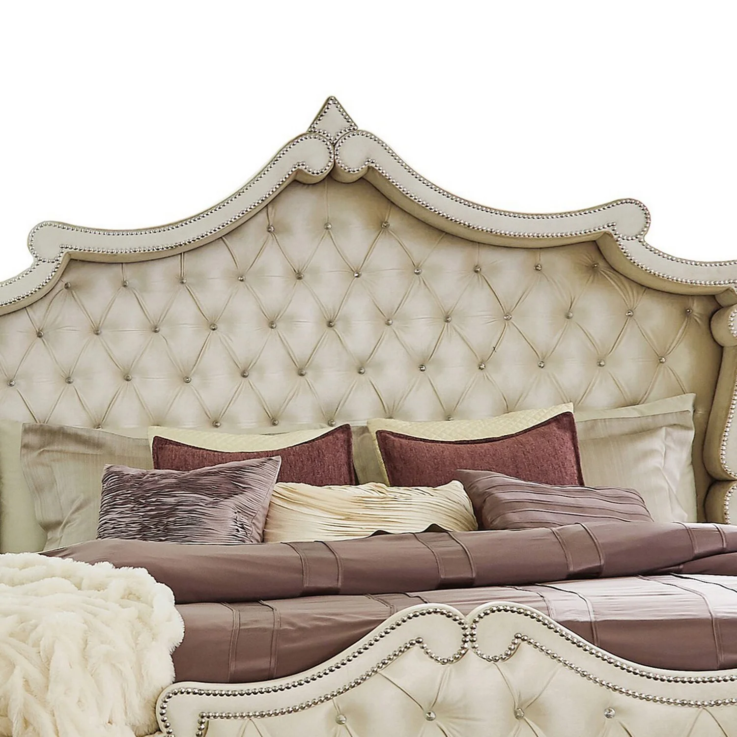Benjara BM302789 French Carved Tufted Velvet Upholstery Lino California King Size Bed, Ivory & Brown