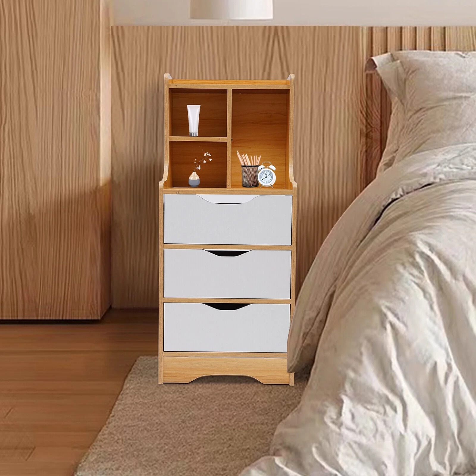 CNCEST 3 Drawer Wood Nightstand Sofa End Table Bedroom Tall Side Table Storage Cabinet 30kg