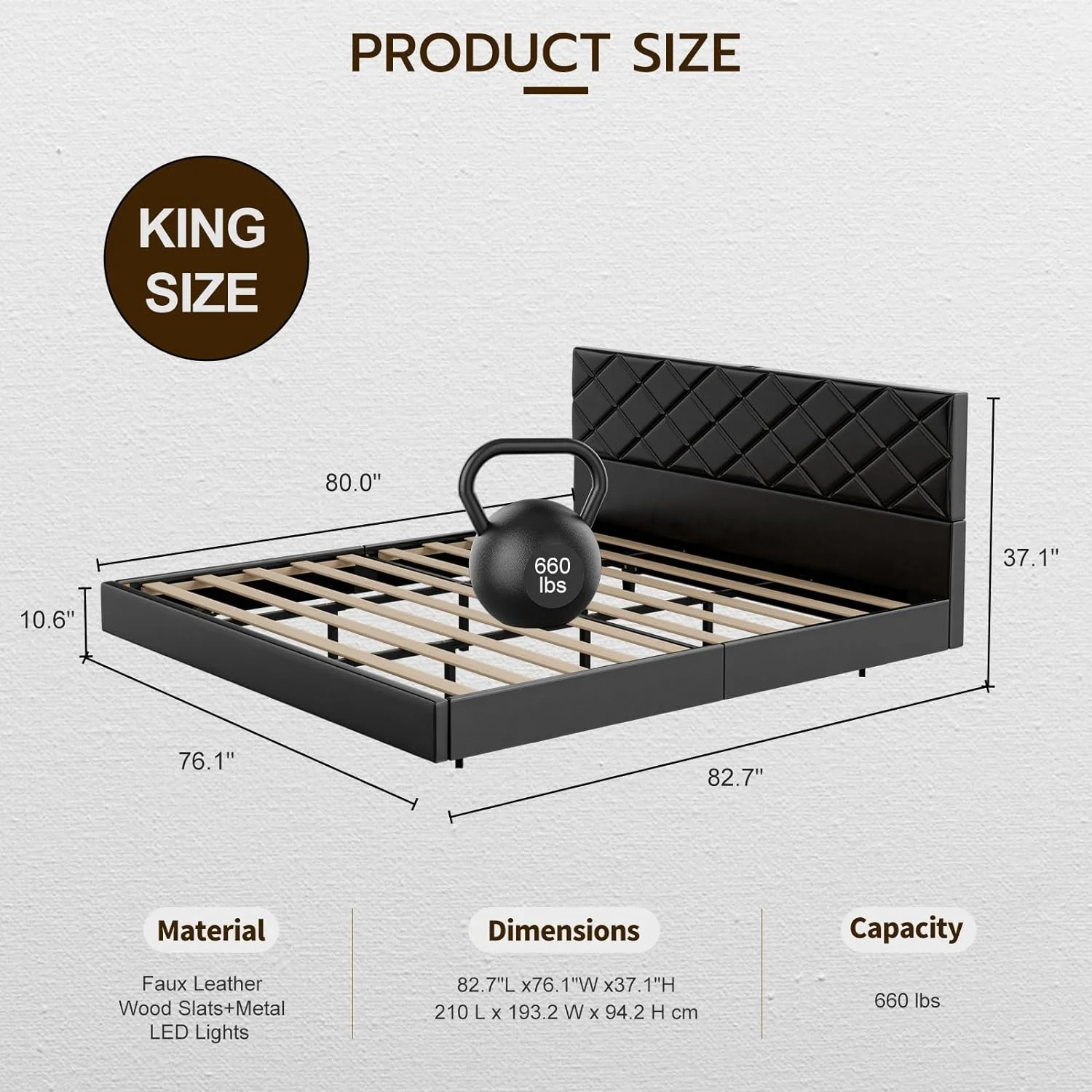 IKIFLY King Size Floating Bed Frame with 2 USB Port, Modern Upholstered Faux Leather King Platform Bed with LED Lights, No Box Spring Needed, Solid Wood Slats, Easy Assembly - Black