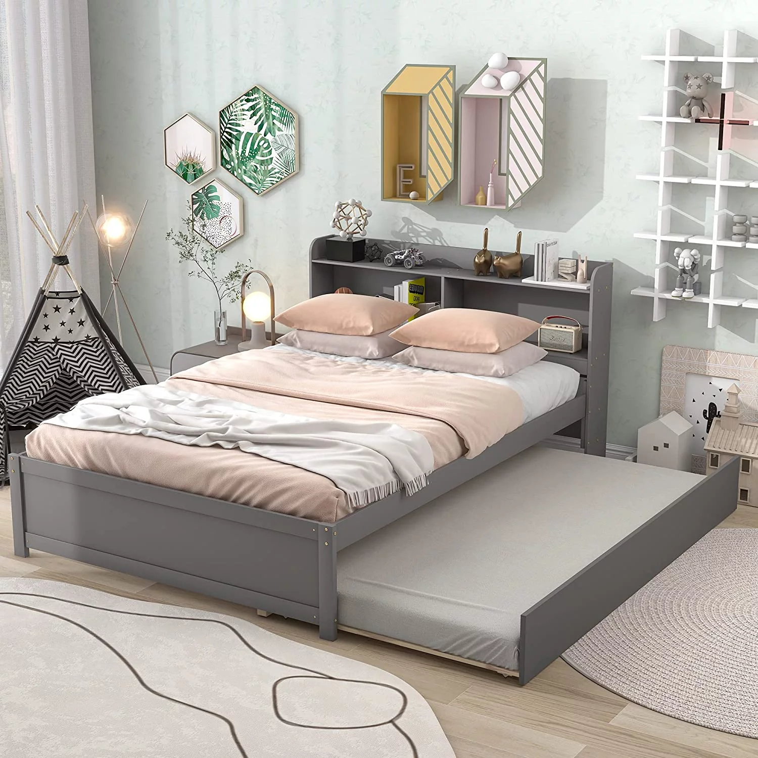 Full Size Bed Frame With Trundle, Full Trundle Bed With Bookcase Headboard, Wood Full Size Platform Bed With Trundle Under For Kids Girls Boys, Grey