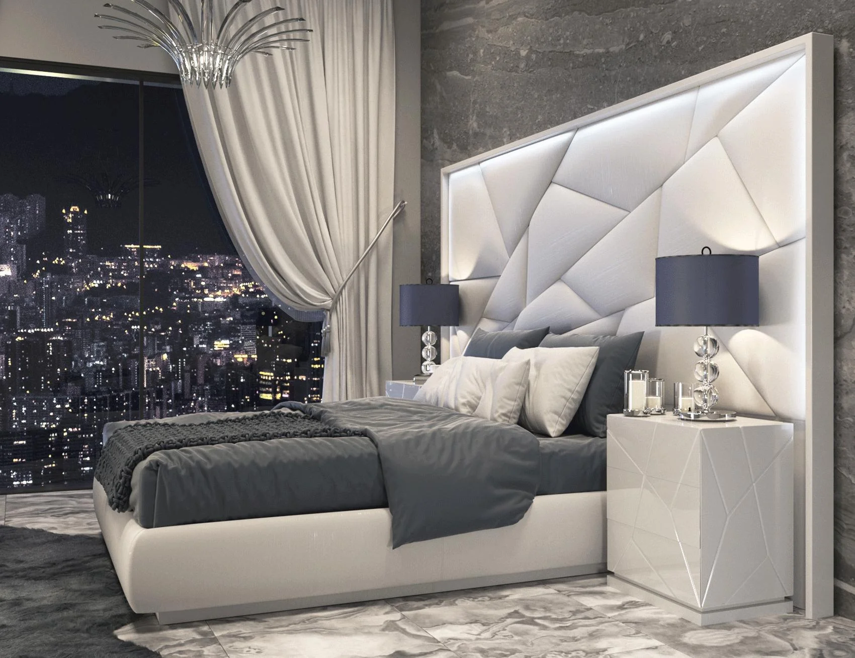 Glam Glossy White Majesty & Kiu Queen Bedroom Set 3P w/light ESF MADE IN SPAIN