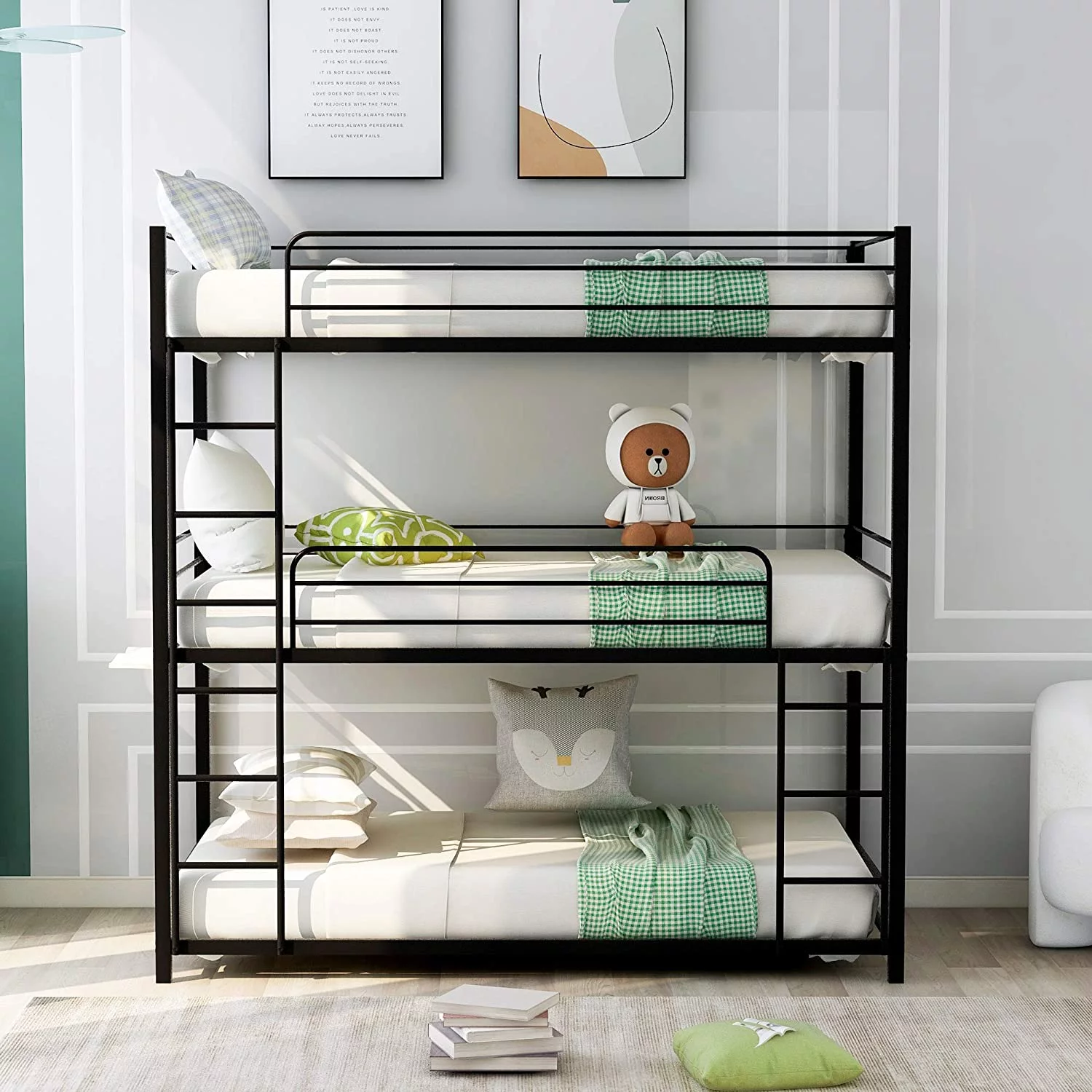 Triple Bed Metal -Over--Over- Bed Bunk Bed With 3 Ladders, Bunk Bed For Family, Teens,No Box Spring Needed