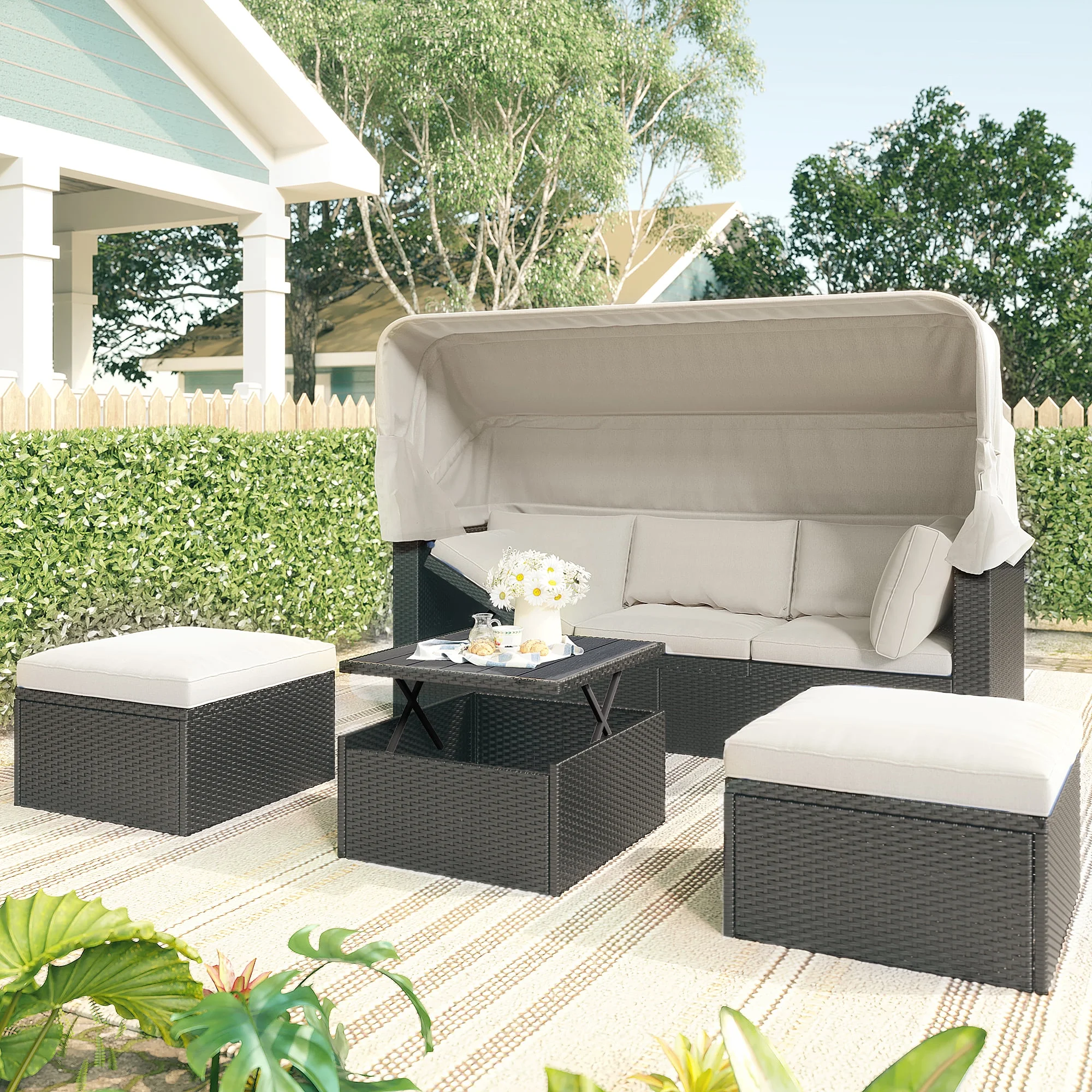 Outdoor Patio Rectangle Daybed with Retractable Canopy, Wicker Furniture Sectional Seating with Washable Cushions, Backyard, Porch（As same as WY000263AAK）