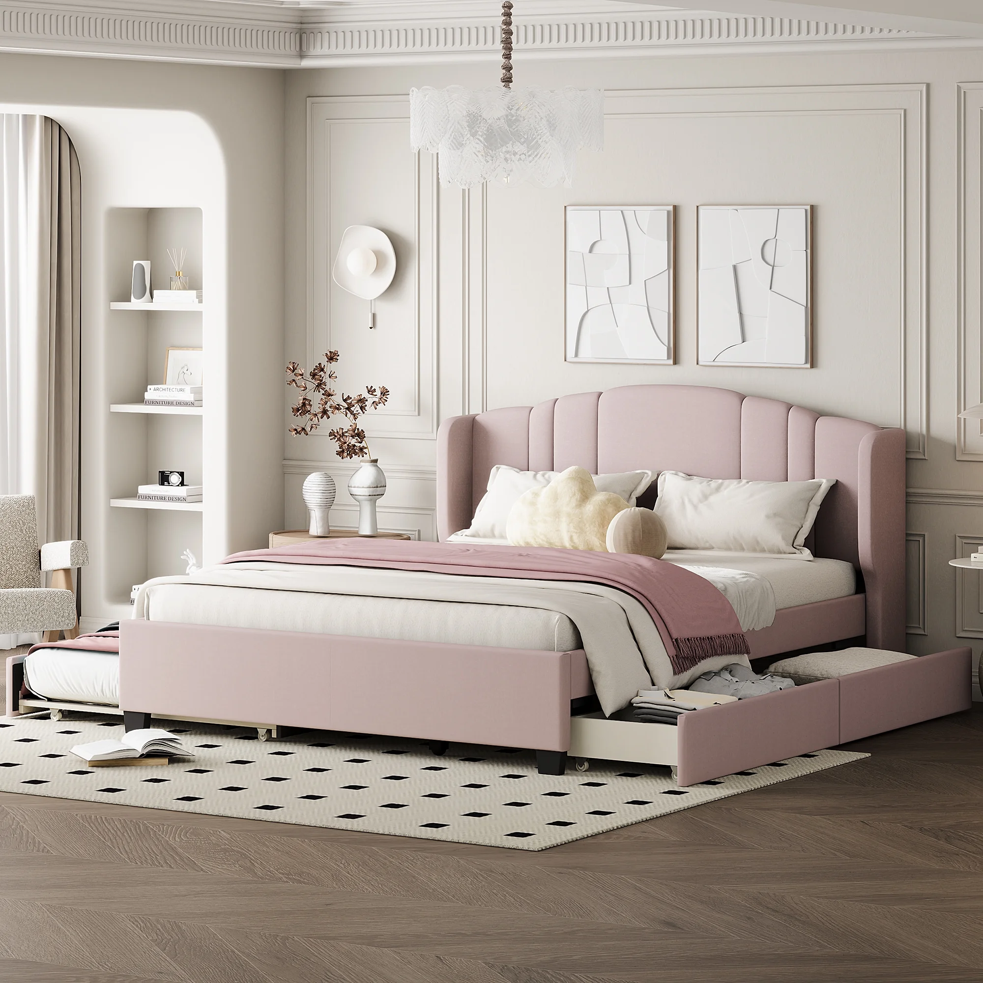 CoSoTower Upholstered Platform Bed with Wingback Headboard, One Twin Trundle and 2 Drawers, No Box Spring Needed, Linen Fabric, Queen Size Pink