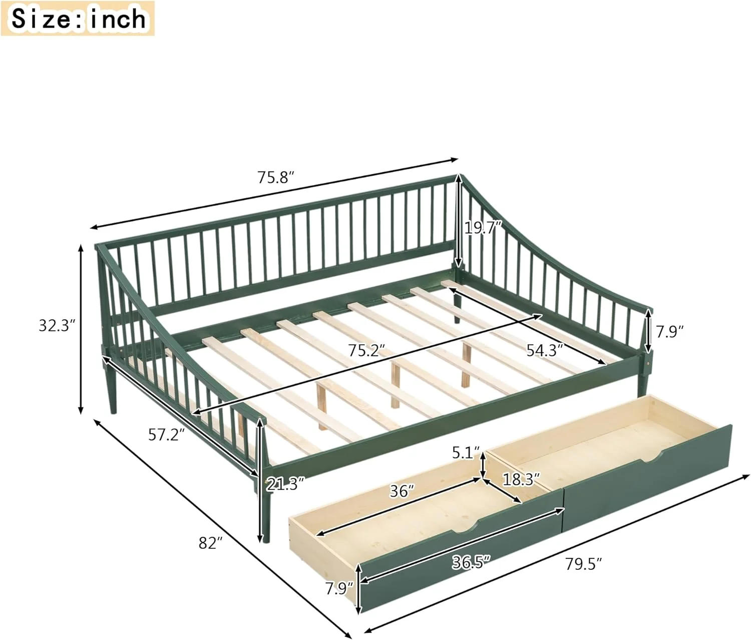 Modern Full Size Daybed with 2 Storage Drawers and Support Legs, Space-Saving Wooden Daybed Sofa Bed Frame with Slats Support for Bedroom Living Room Guest Room