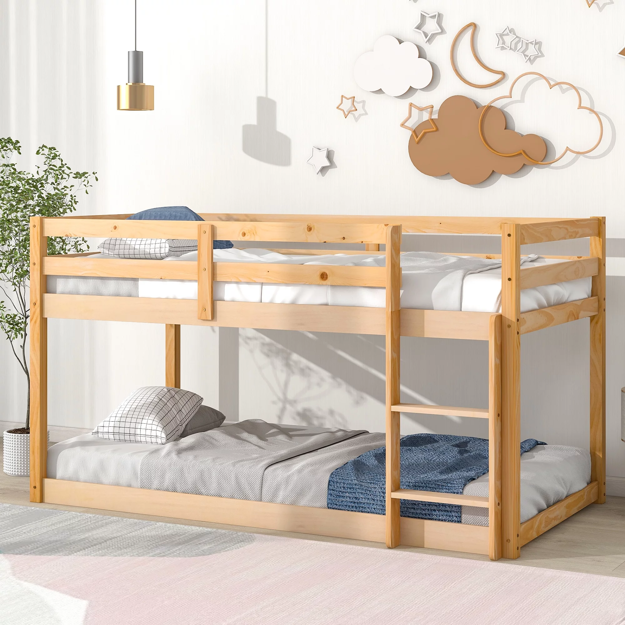 Natural Twin Over Twin Floor Bunk Bed - Space-Saving Design for Kids' Bedroom or Guest Room
