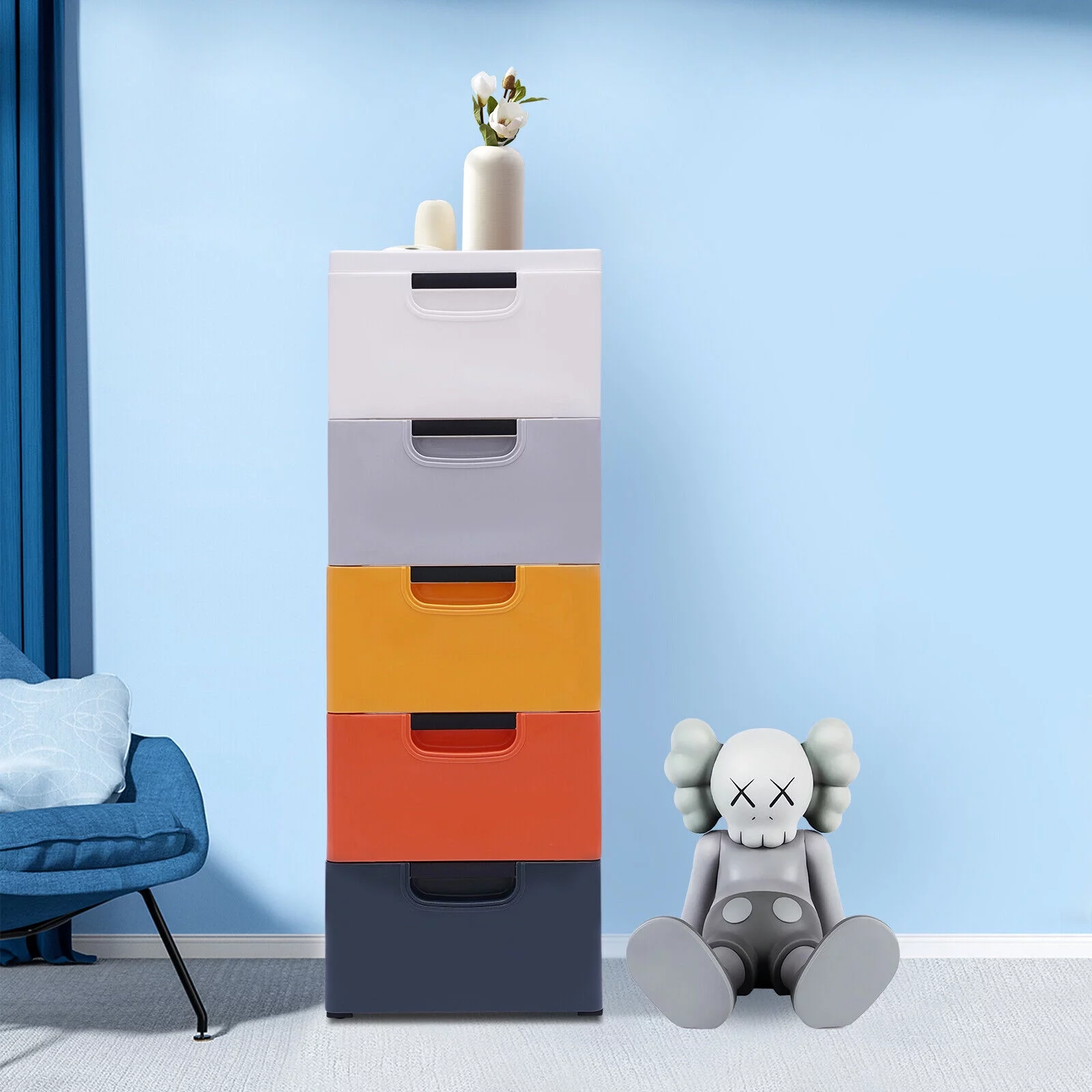 Wuzstar Plastic Cabinet 5 Drawer Dresser Storage Cabinet with Wheels Morandi Color Tall Standing Organizer Tower Bedroom Furniture