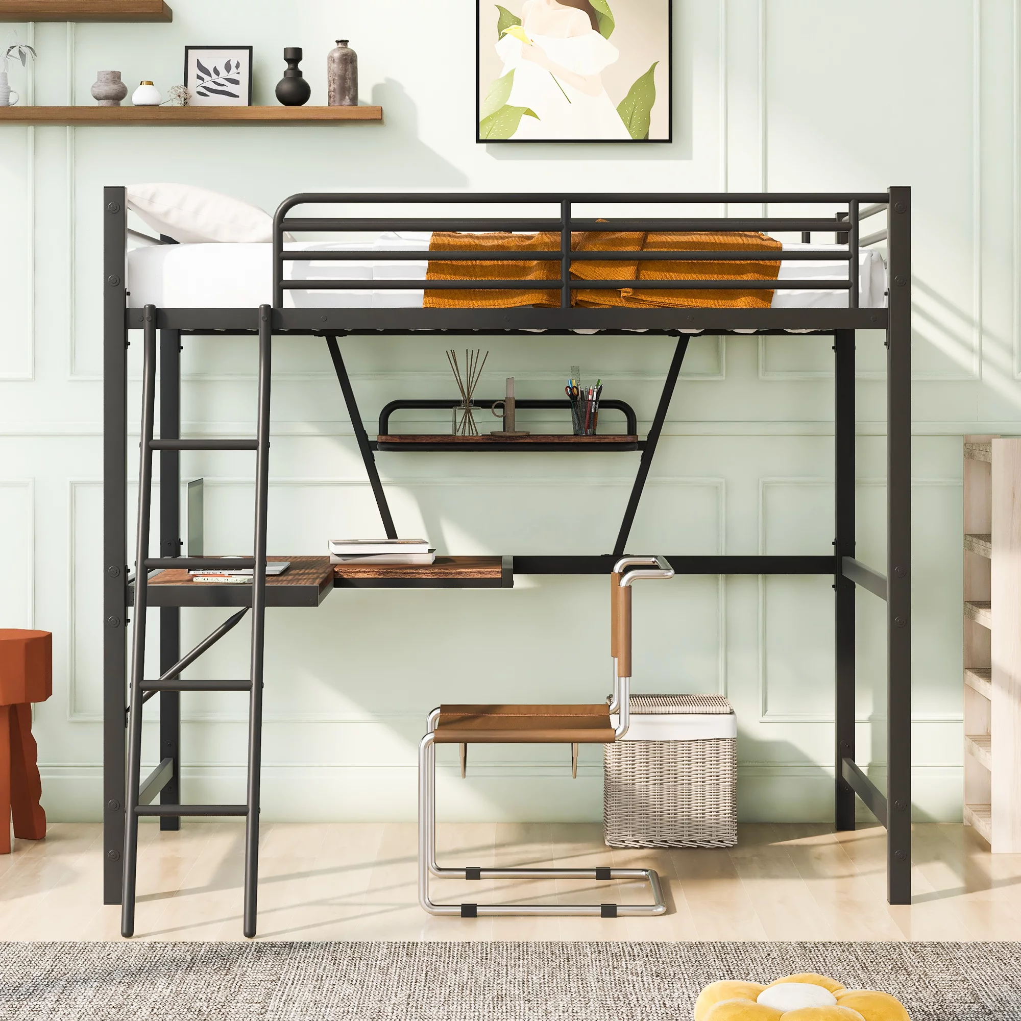 Euroco Metal Twin Size Loft Bed for Kids, Solid Metal Bed with Desk and Shelf for Living Room, Black